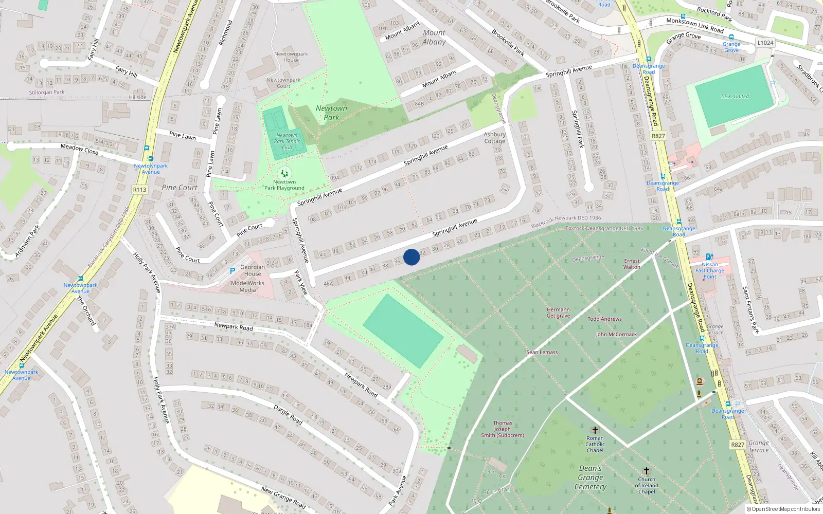 Overhead map showing the location of 34 Springhill Avenue, Blackrock