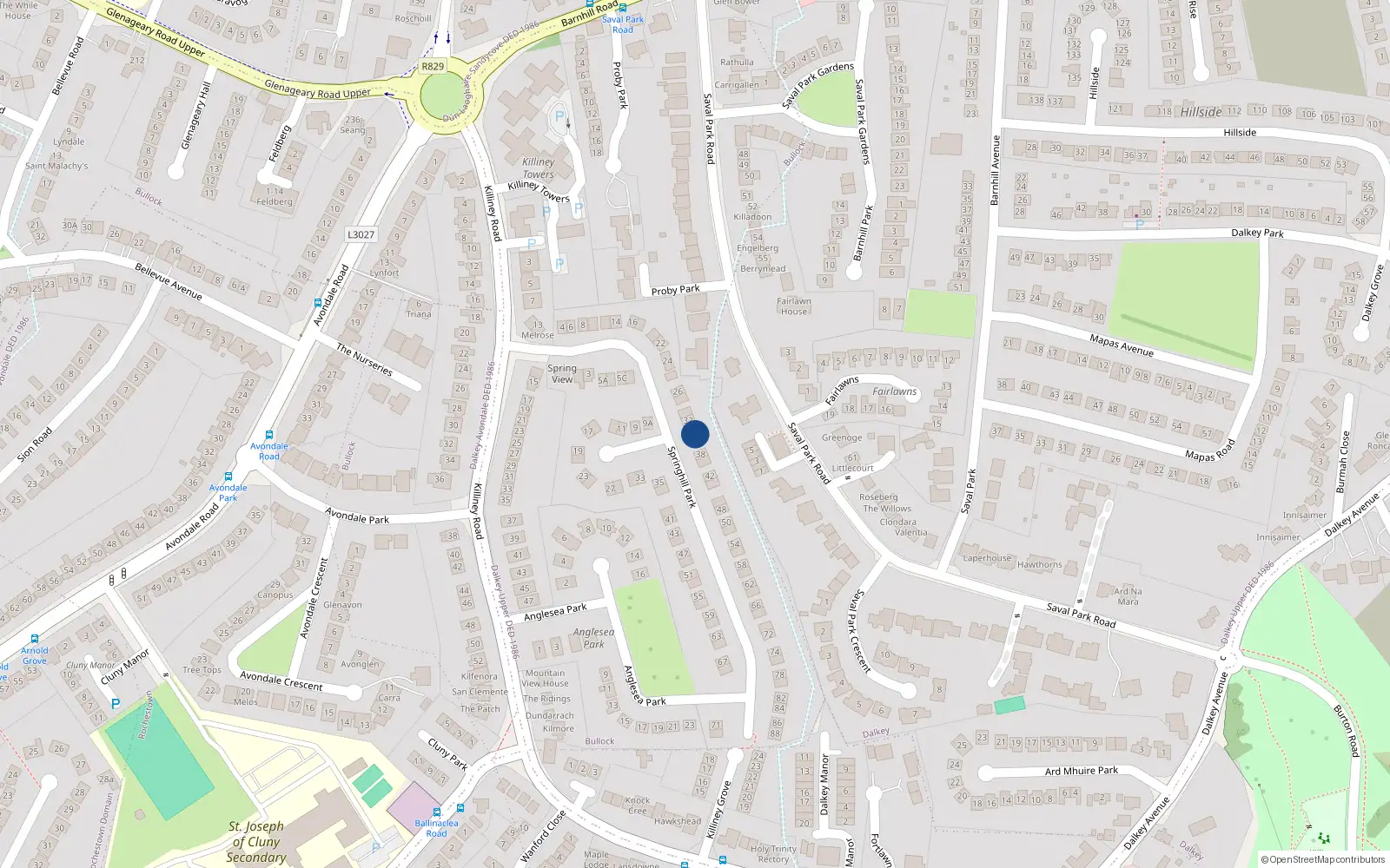 Overhead map showing the location of 34 Springhill Park, Dublin
