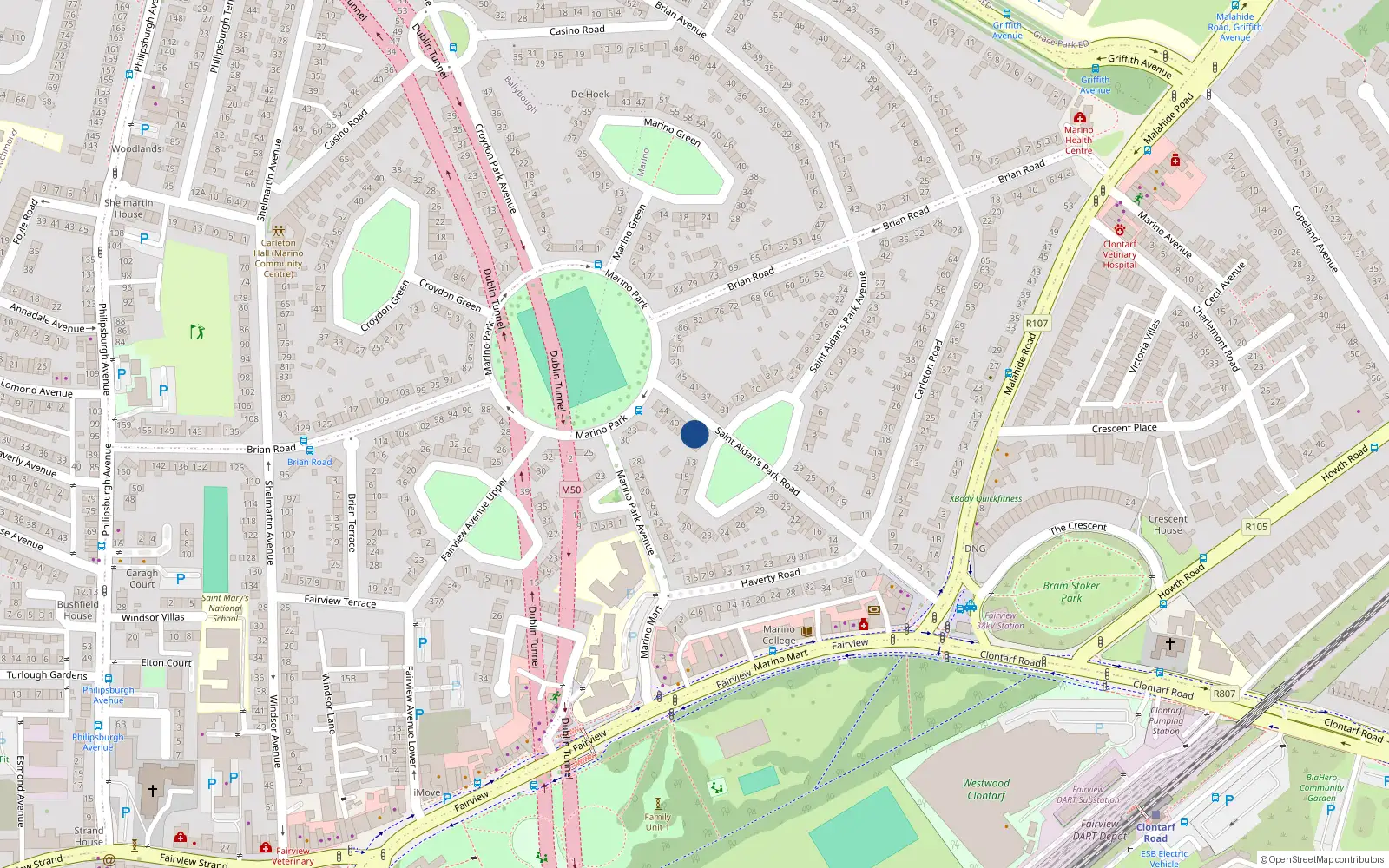 Overhead map showing the location of 34 St Aidans Park Road, Fairview, Dublin 3