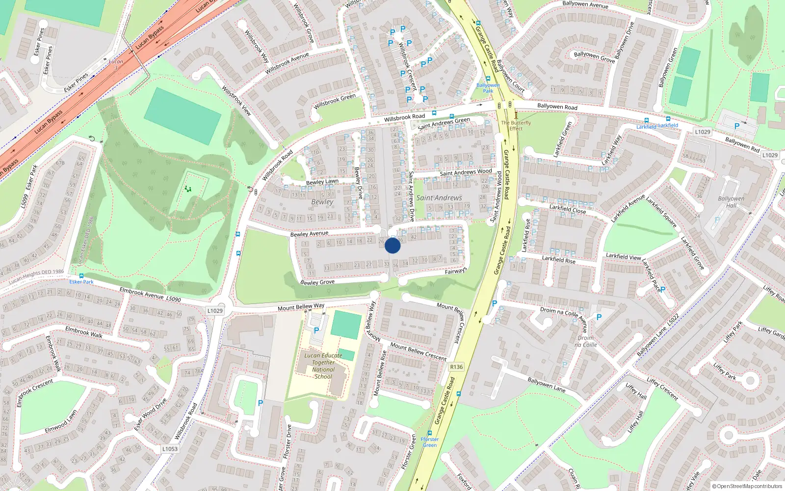 Overhead map showing the location of 34 St Andrews Drive, Fairways, Lucan
