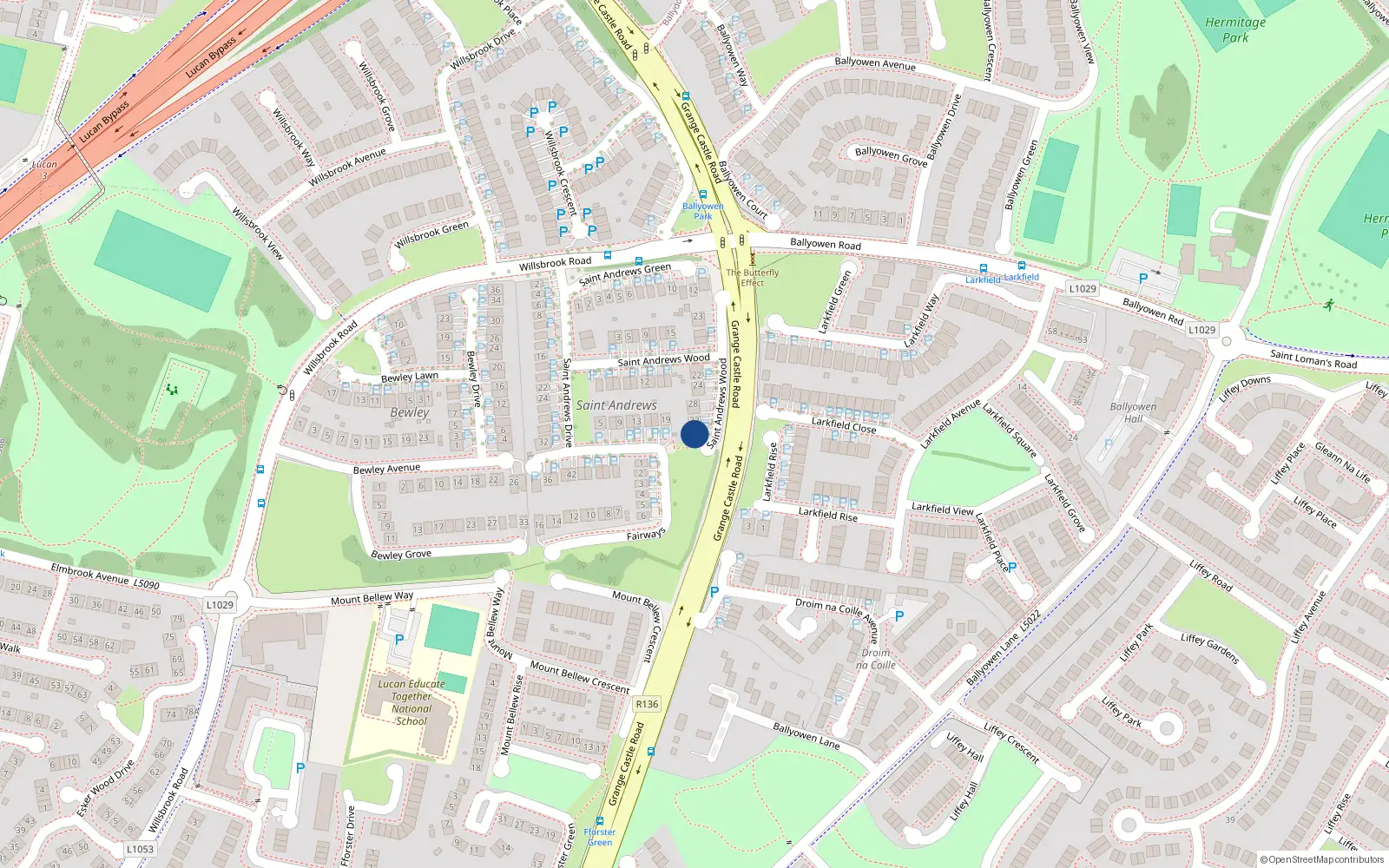 Overhead map showing the location of 34 St Andrews Wood, Lucan, Dublin