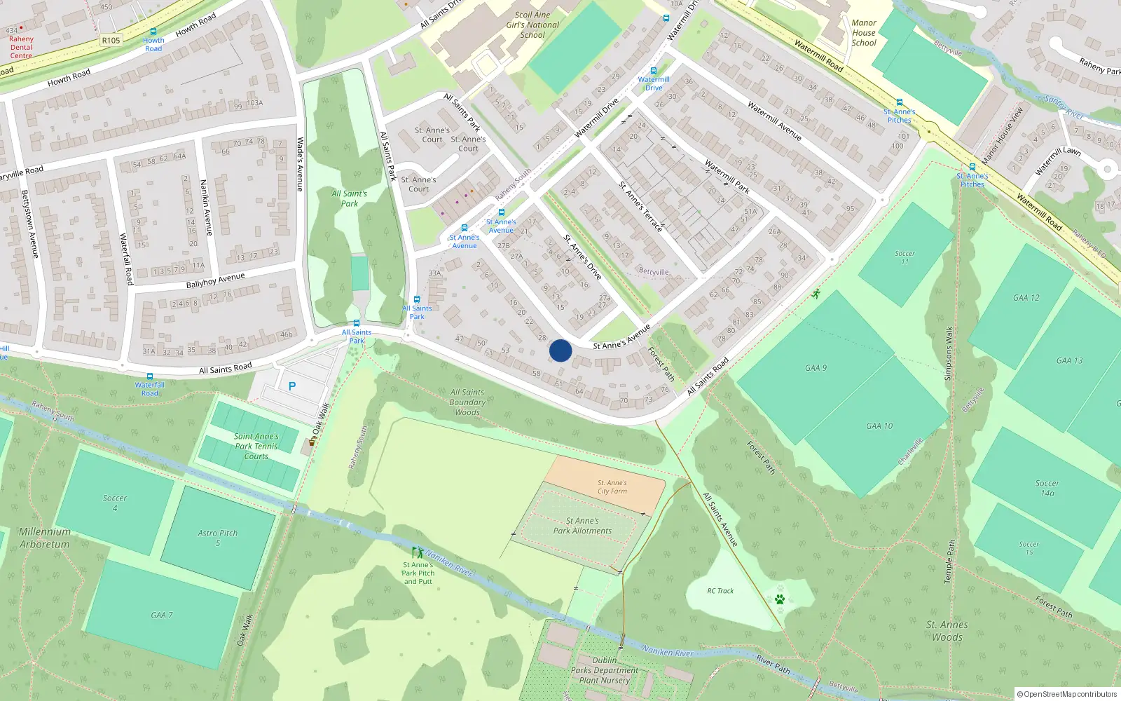 Overhead map showing the location of 34 St Annes Avenue, Raheny, Dublin 5