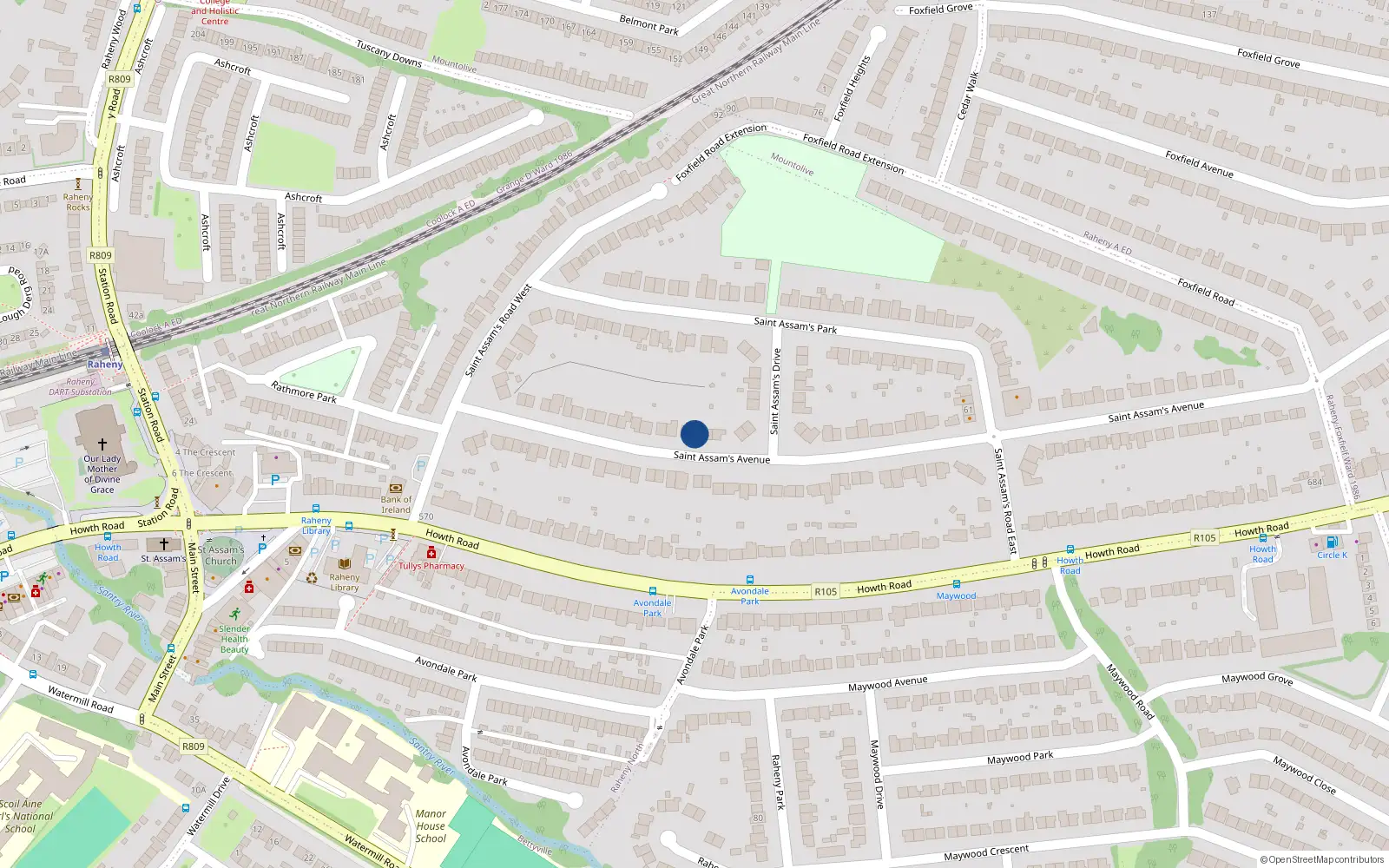Overhead map showing the location of 34 St Assams Avenue, Raheny, Dublin 5