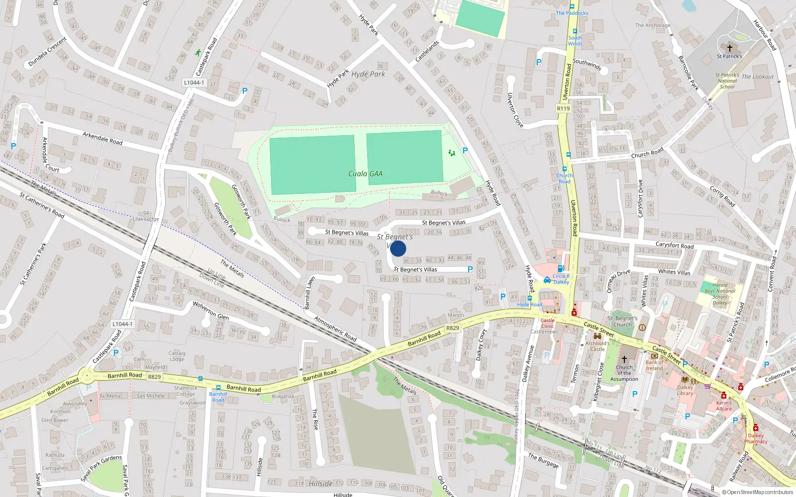 Overhead map showing the location of 34 St Begnets Villas, Dalkey, Dublin