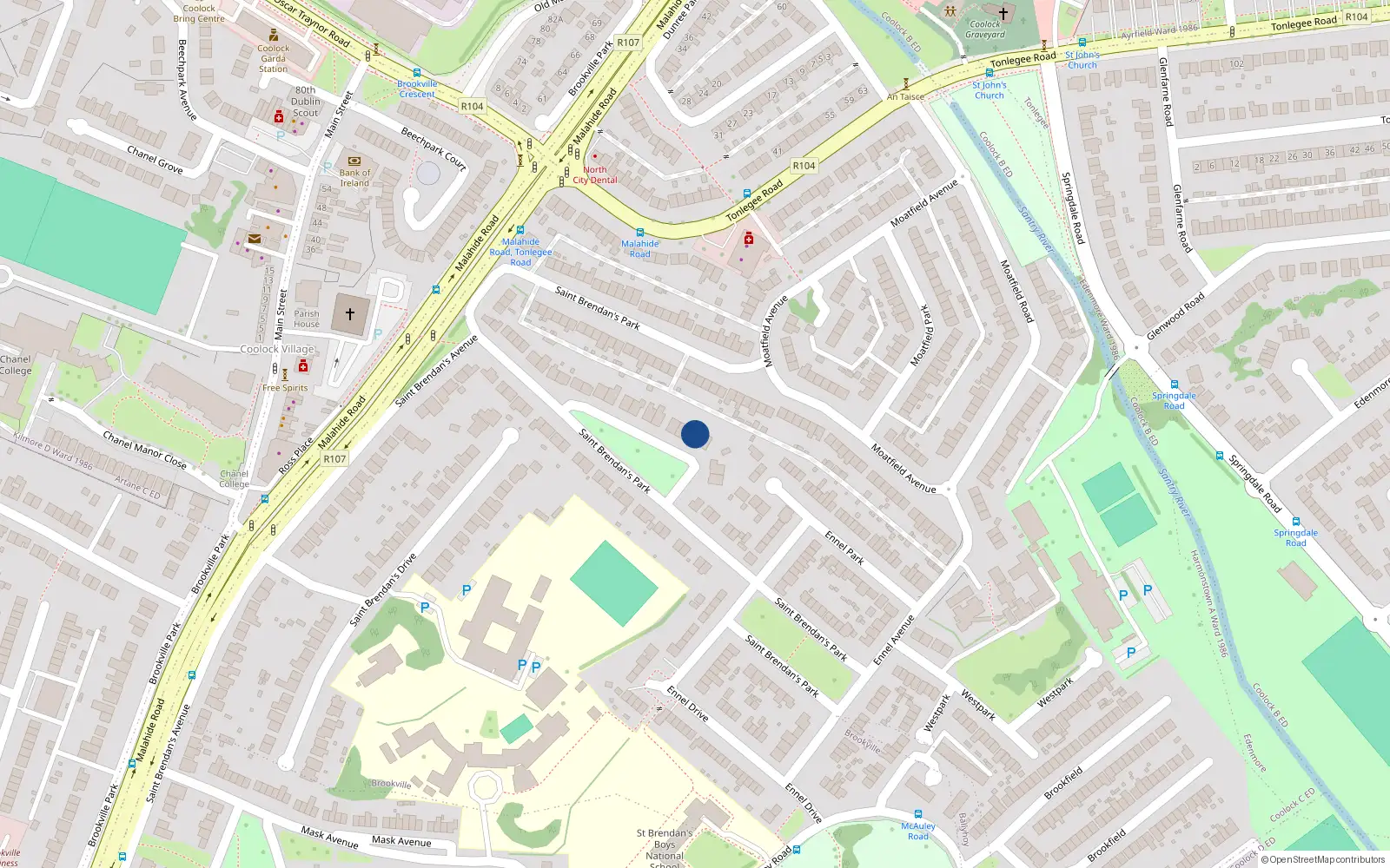 Overhead map showing the location of 34 St Brendans Park, Coolock, Dublin 5