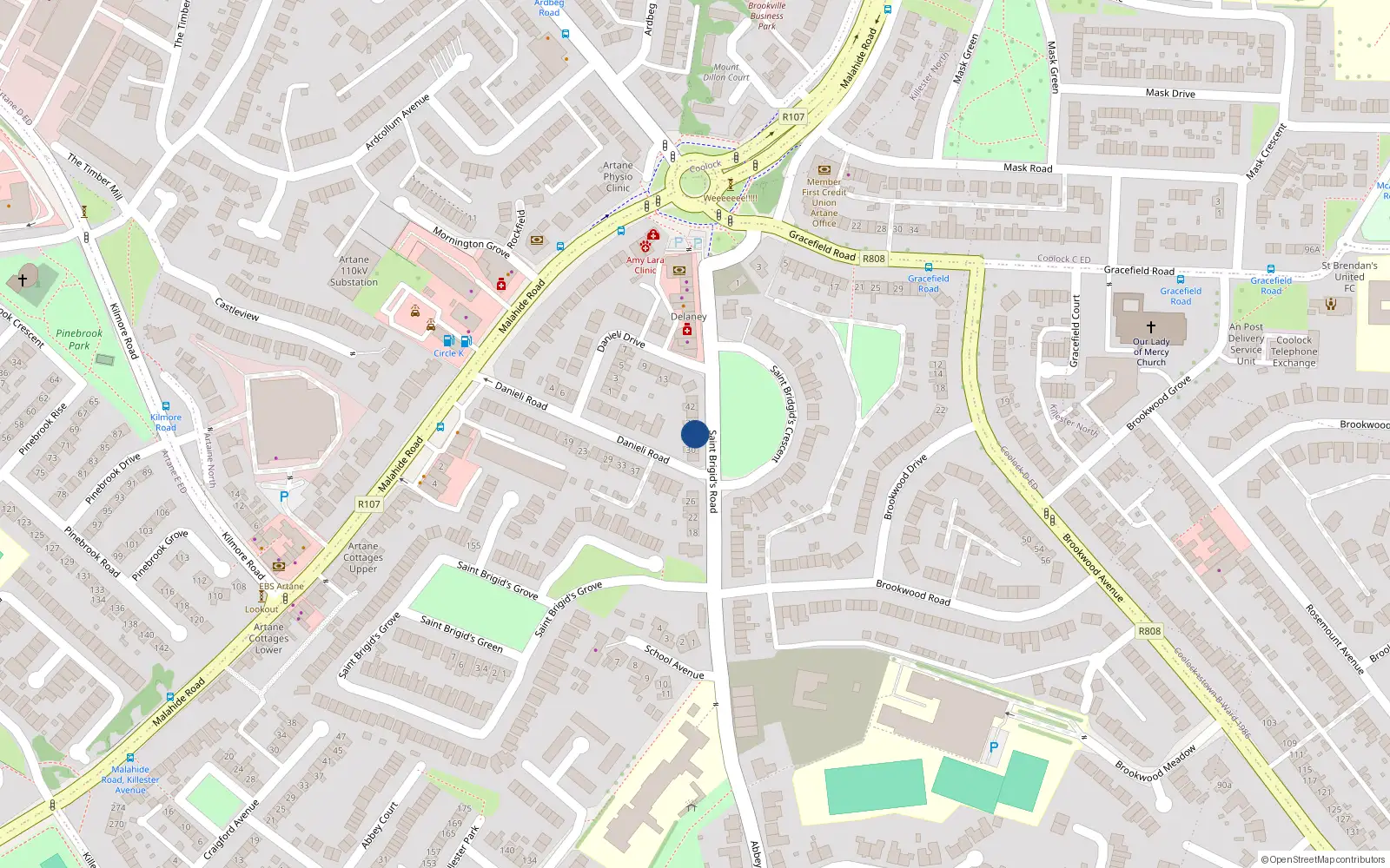 Overhead map showing the location of 34 St Brigids Road, Artane, Dublin 5