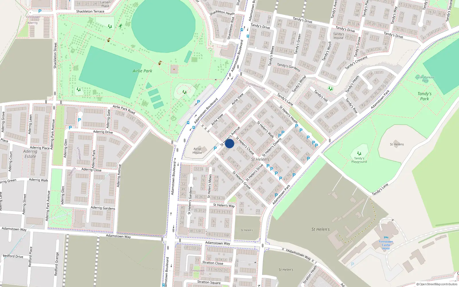 Overhead map showing the location of 34 Saint Helen's Avenue, Lucan
