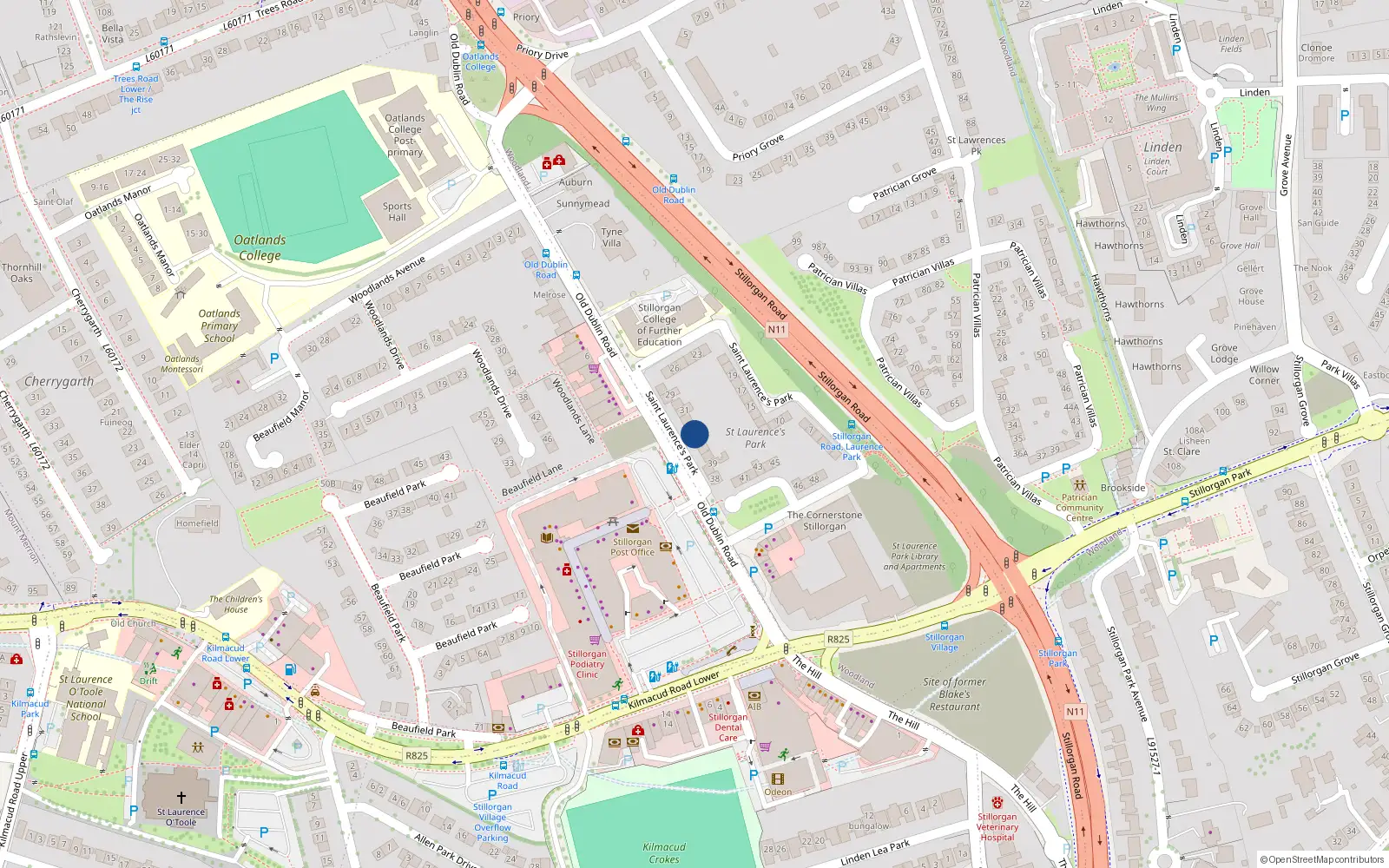 Overhead map showing the location of 34 St Laurences Park, Stillorgan, Dublin