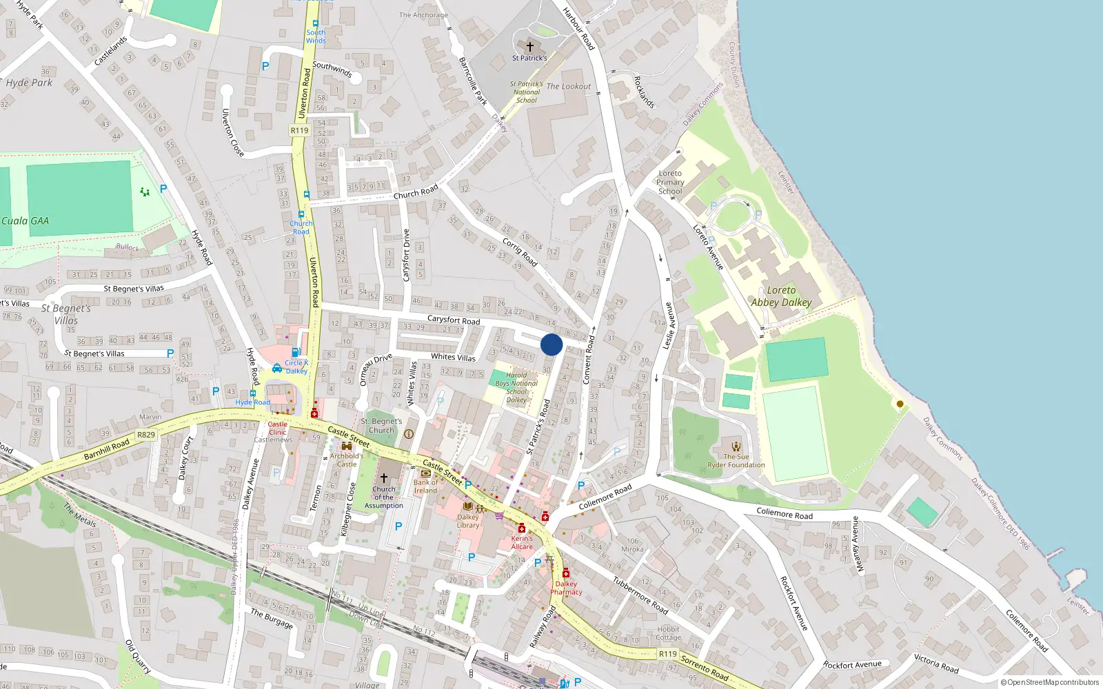 Overhead map showing the location of 34 St Patricks Road, Dalkey, Dublin