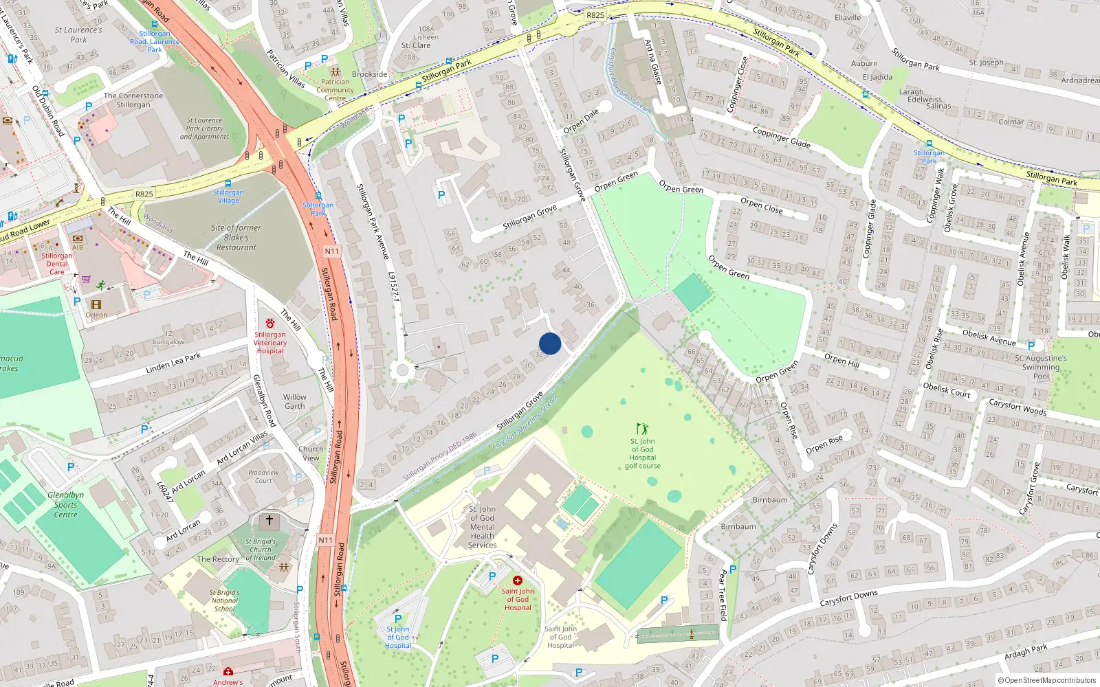Overhead map showing the location of 34 Stillorgan Grove, Dublin