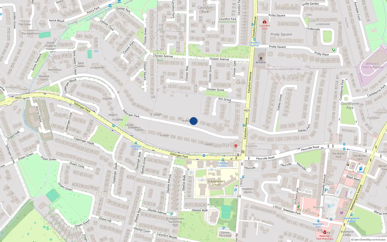 Overhead map showing the location of 34 Stillorgan Park, Blackrock, Dublin