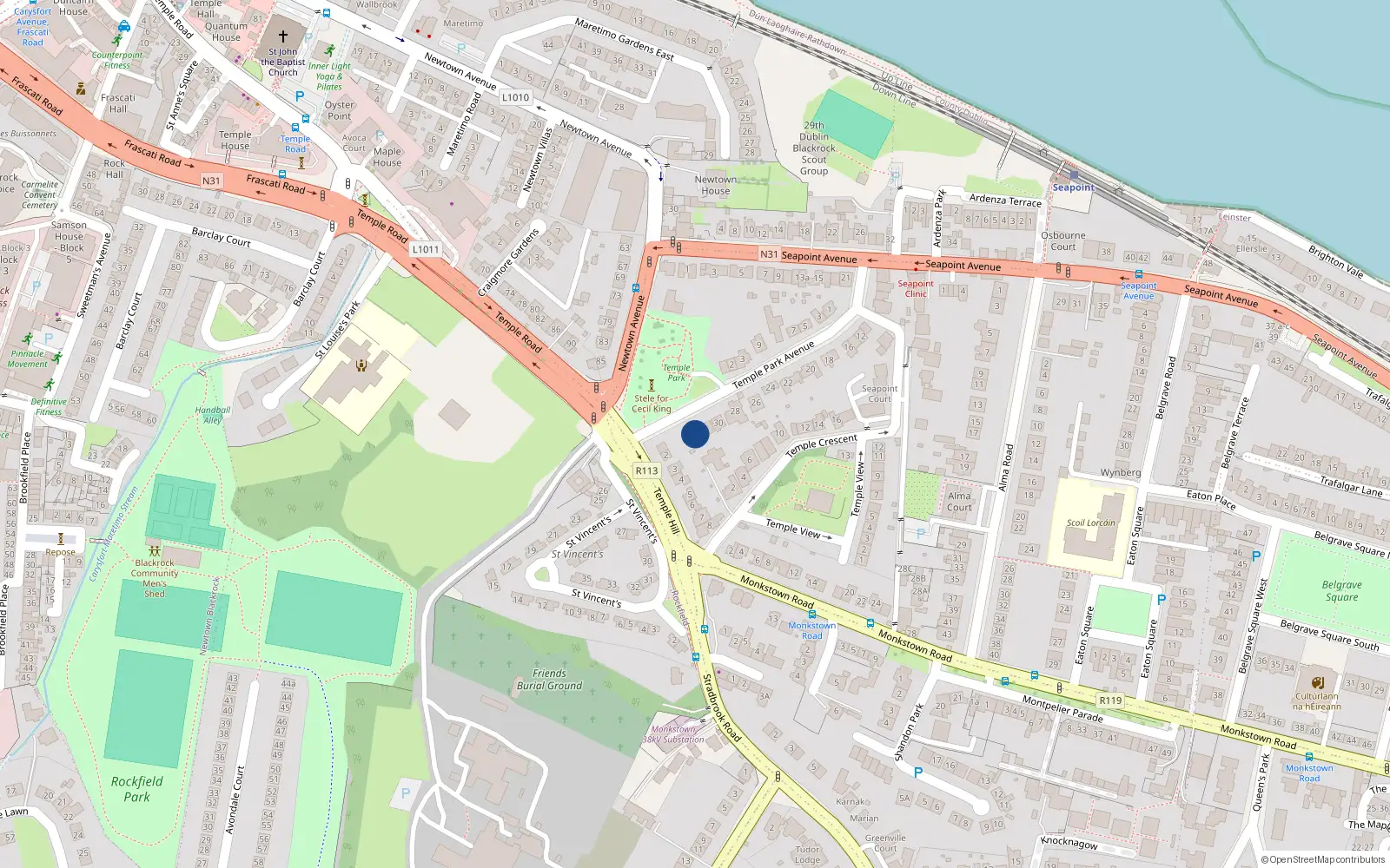 Overhead map showing the location of 34 Temple Park Avenue, Blackrock