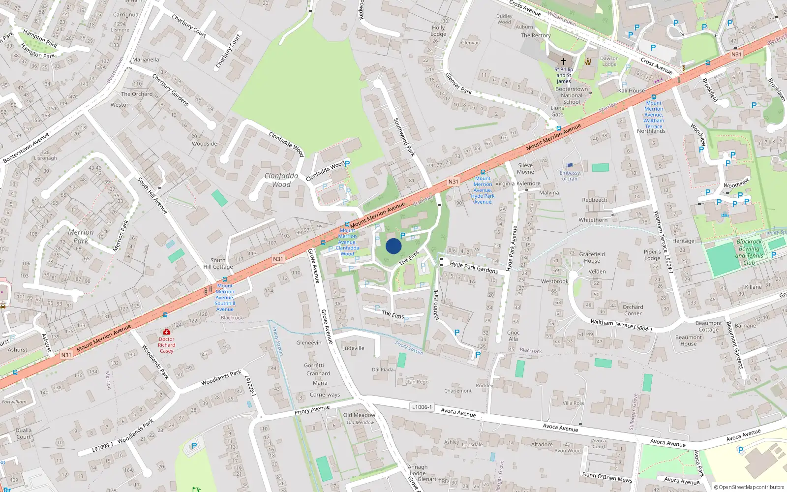 Overhead map showing the location of 34 the Elms, Mount Merrion Avenue, Blackrock