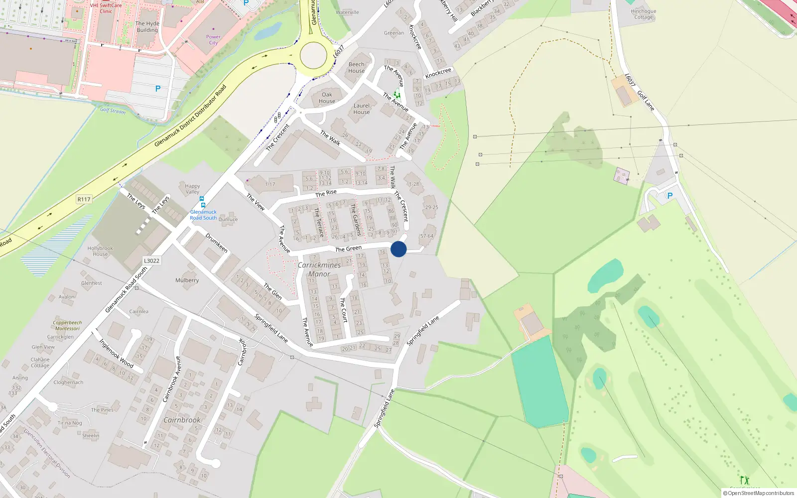 Overhead map showing the location of 34 The Green Carrickmines Manor, Dun Laoghaire