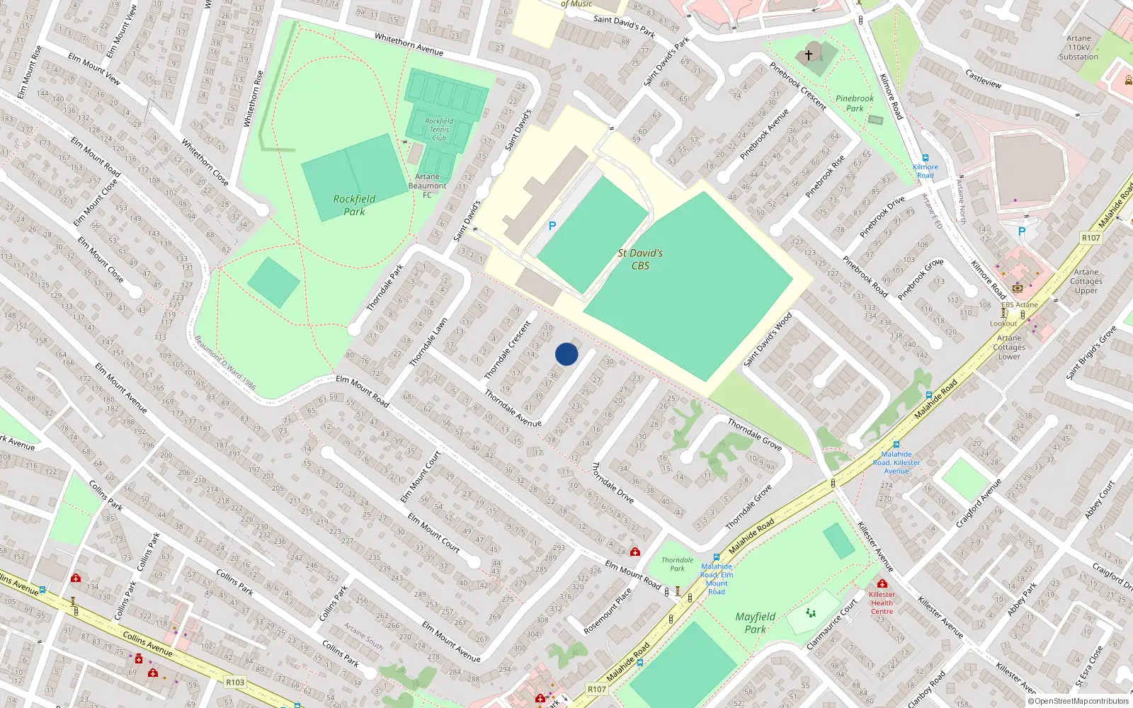 Overhead map showing the location of 34 Thorndale Avenue, Dublin 5