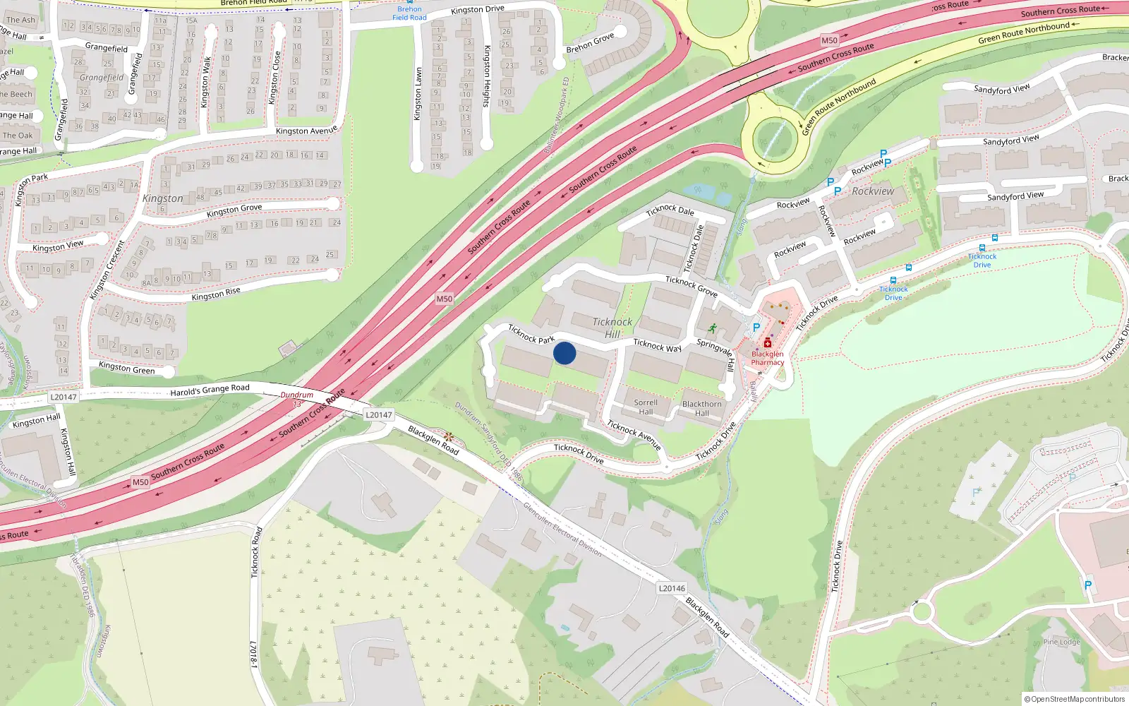 Overhead map showing the location of 34 Ticknock Park, Sandyford