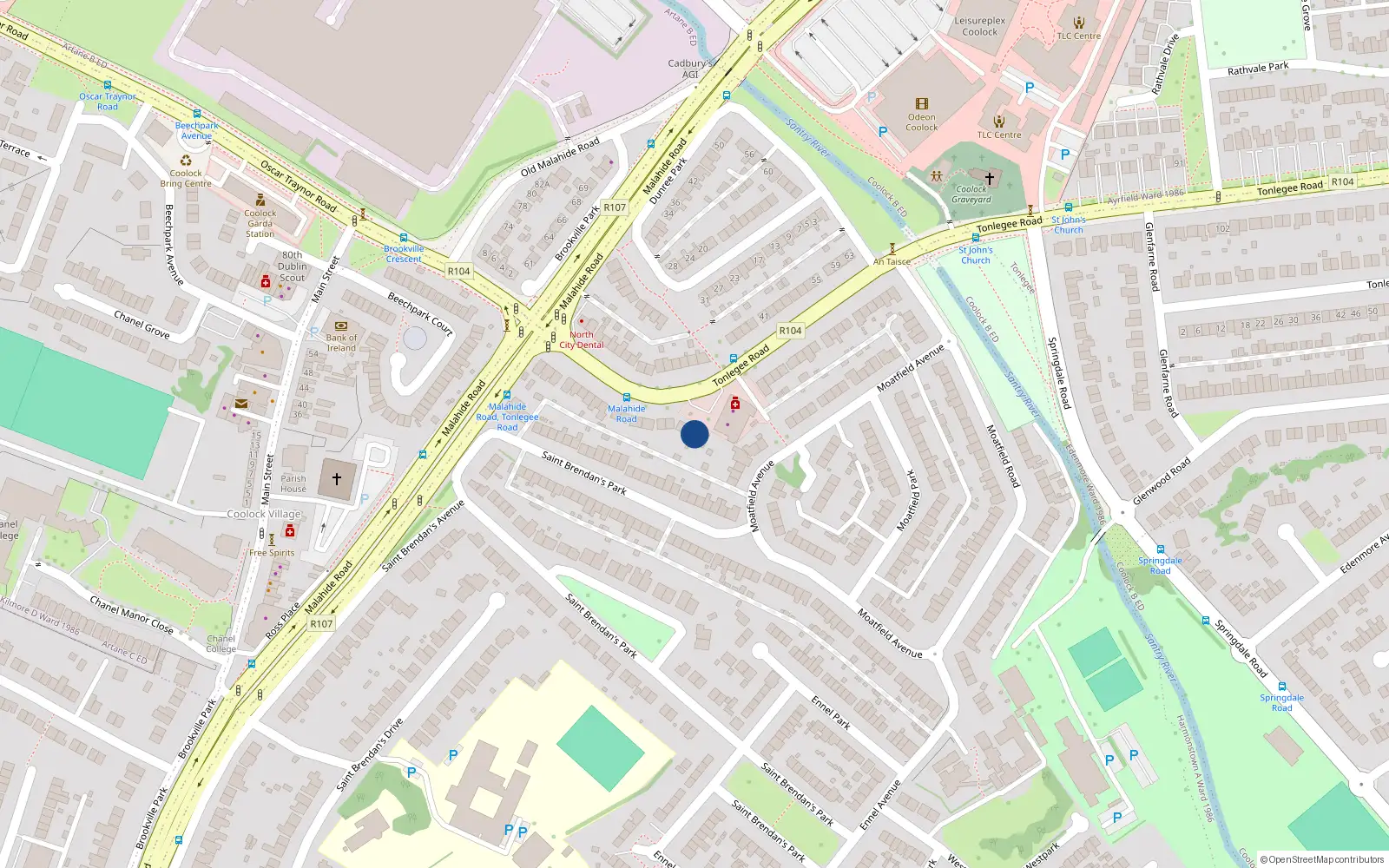 Overhead map showing the location of 34 Tonlegee Road, Coolock, Dublin 5