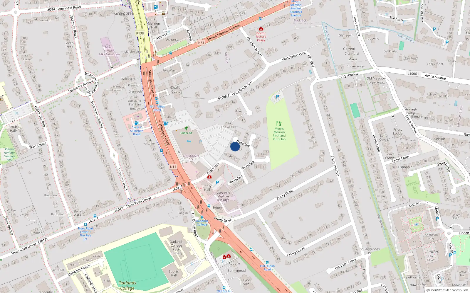 Overhead map showing the location of 34 Treesdale, Stillorgan, Dublin