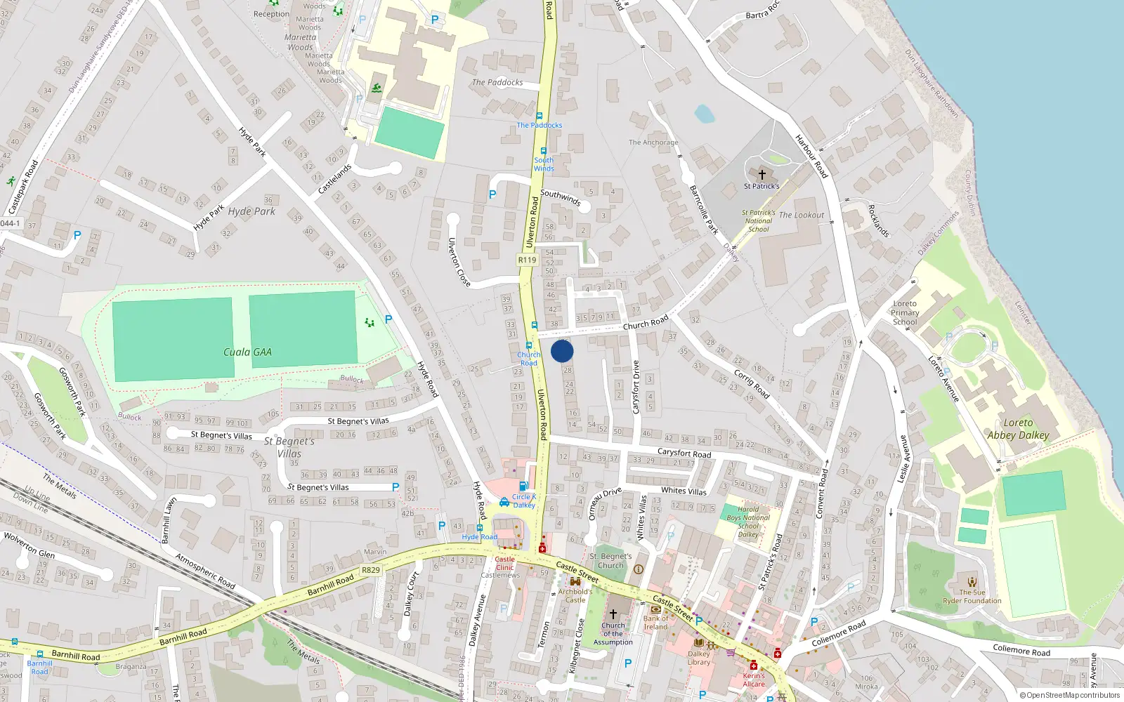 Overhead map showing the location of 34 Ulverton Road, Dalkey, Co Dublin