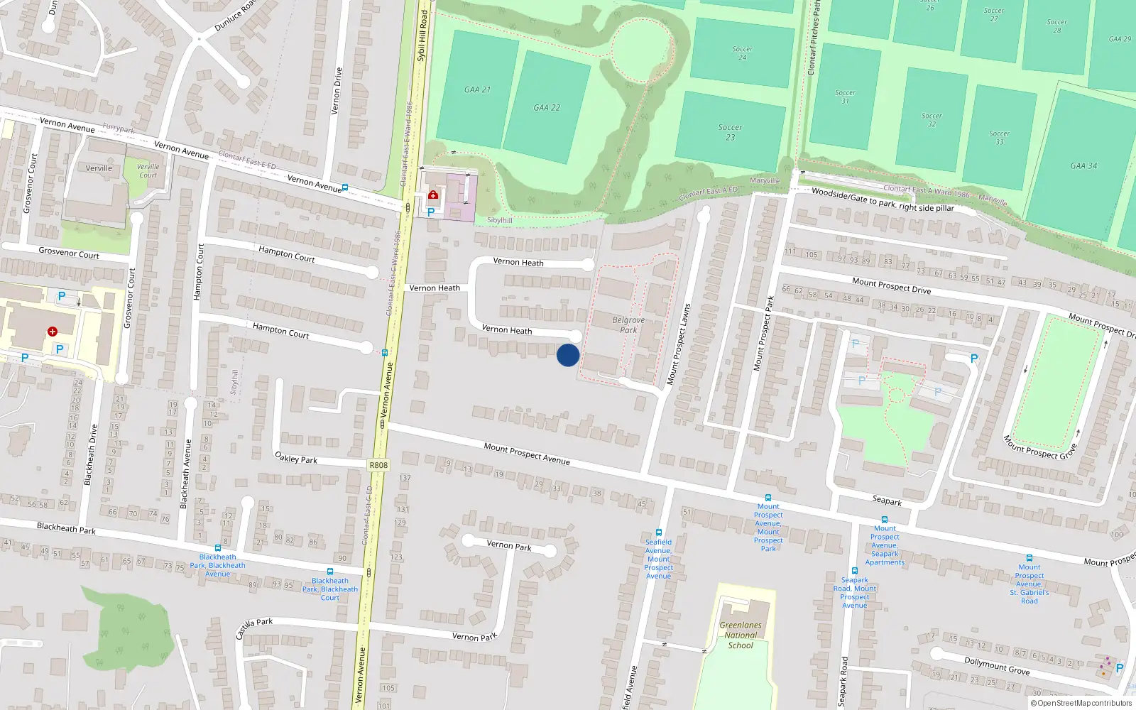 Overhead map showing the location of 34 Vernon Heath, Dublin 3