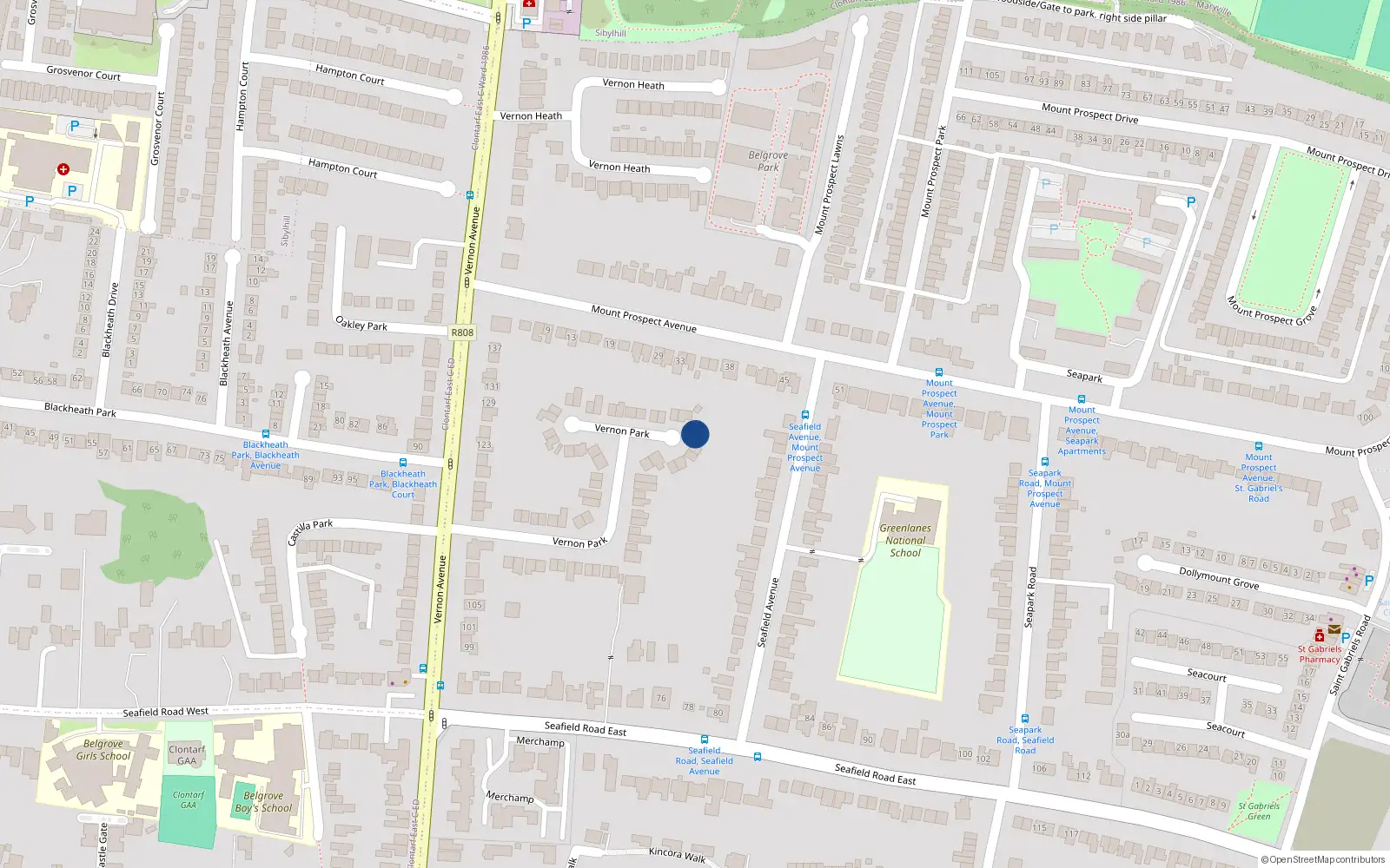 Overhead map showing the location of 34 Vernon Park, Clontarf, Dublin 3