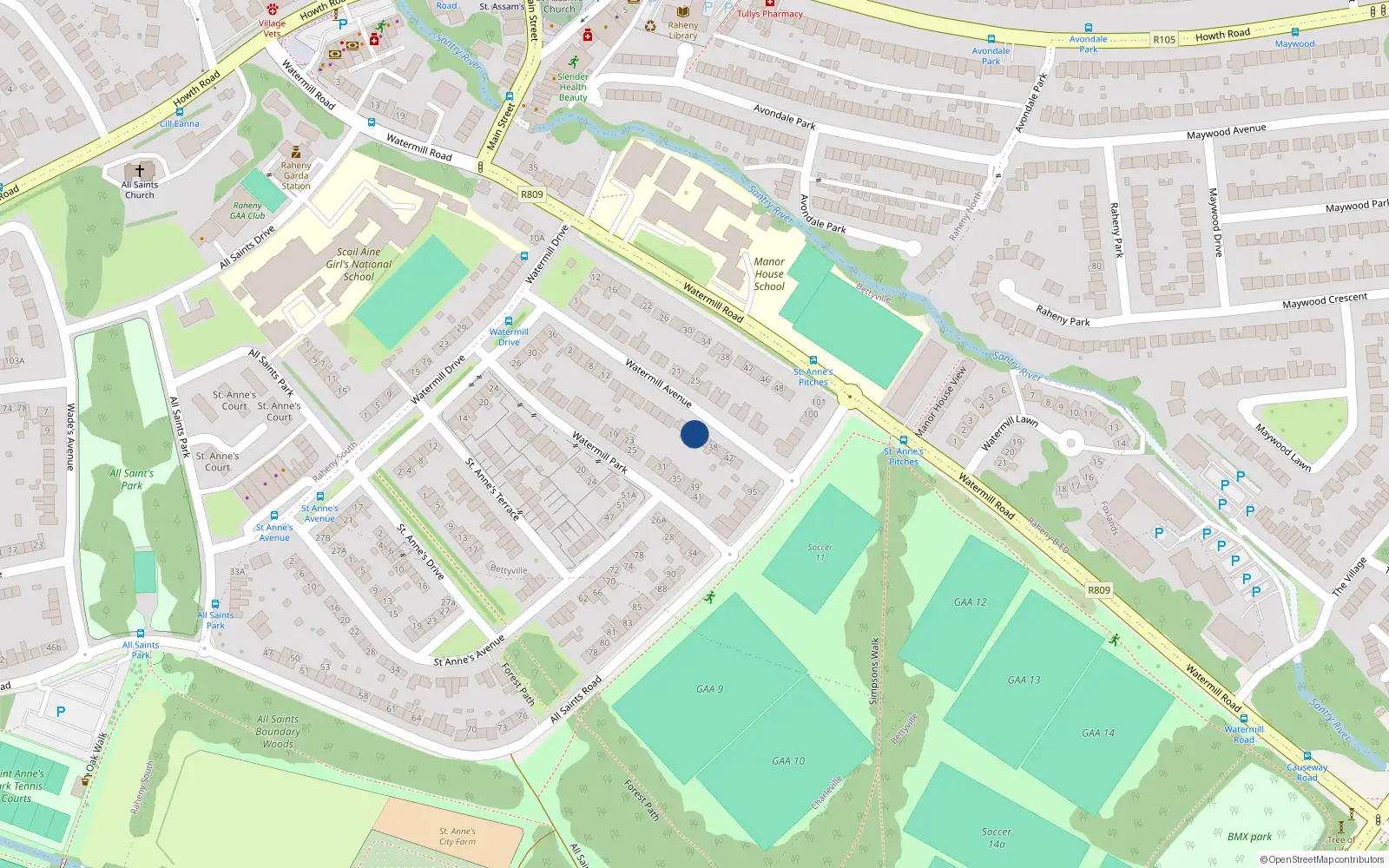 Overhead map showing the location of 34 Watermill Avenue, Dublin 5