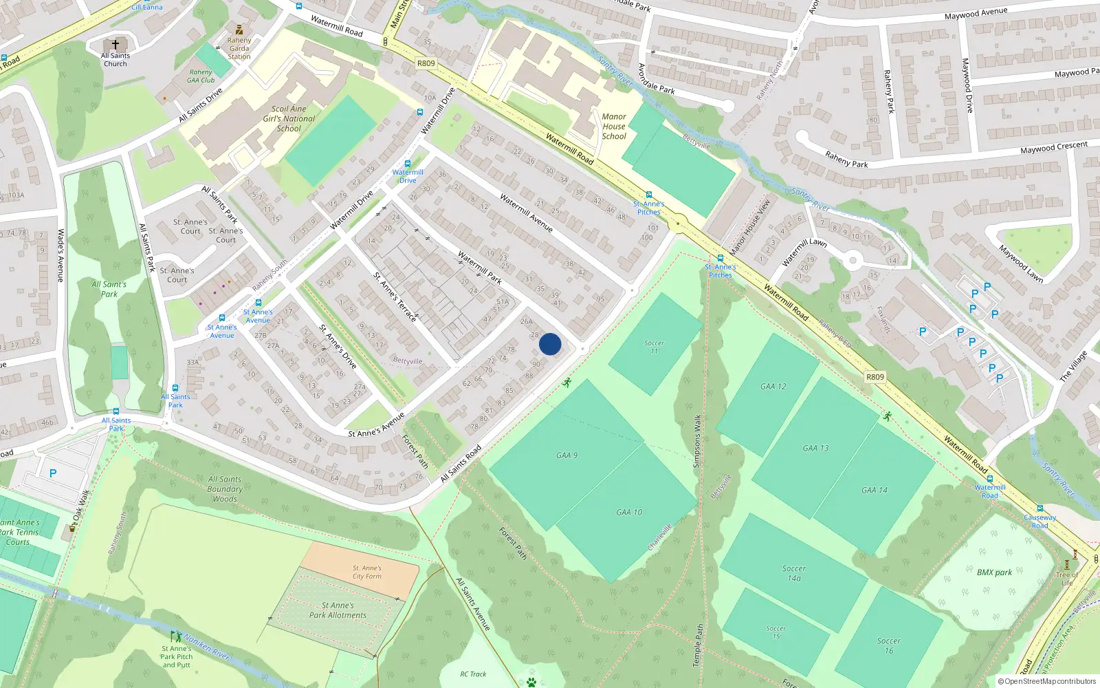 Overhead map showing the location of 34 Watermill Park, Dublin 5