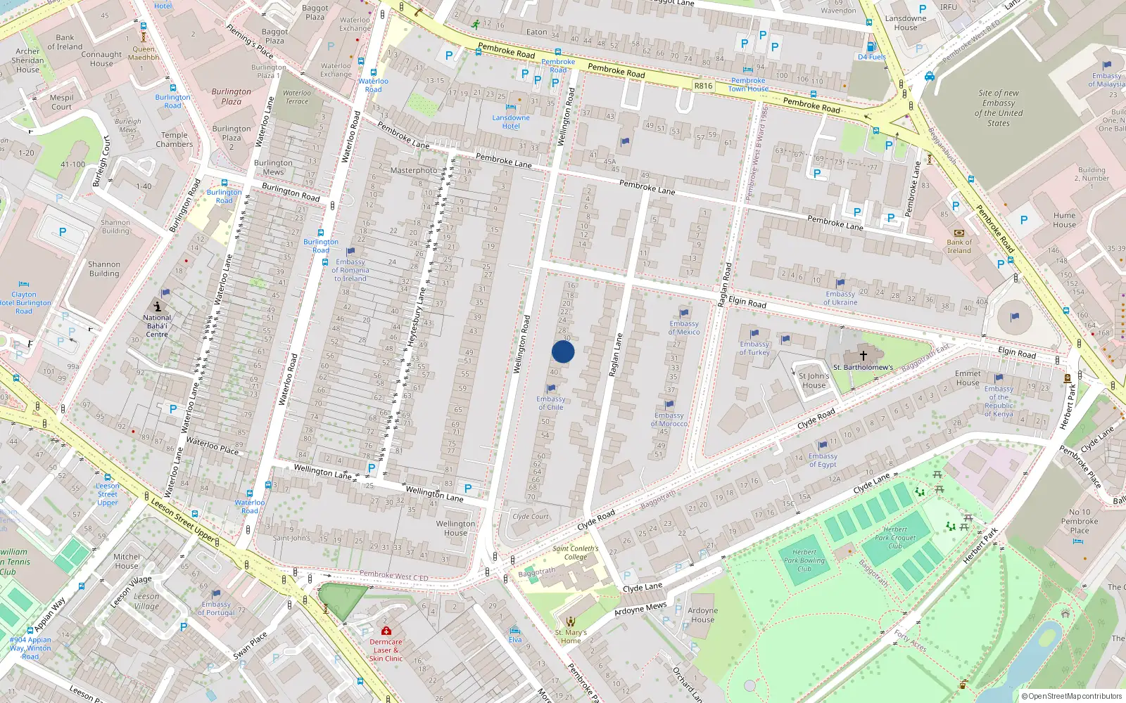 Overhead map showing the location of 34 Wellington Road, Dublin 4