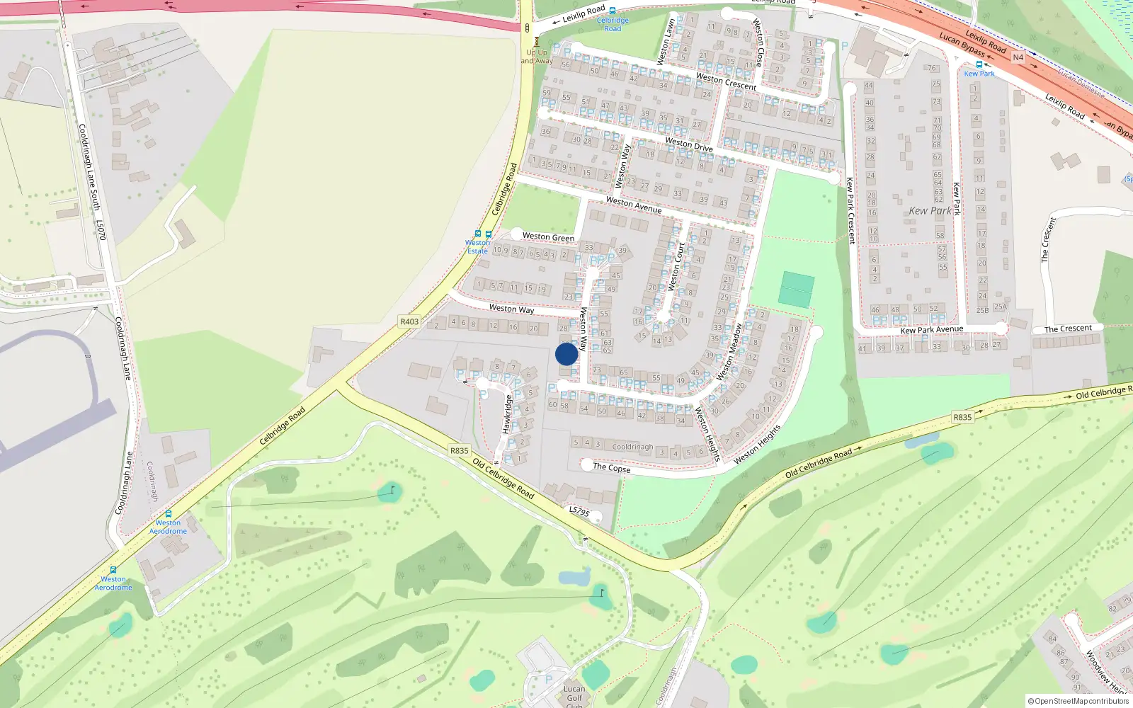 Overhead map showing the location of 34 Weston Way, Lucan