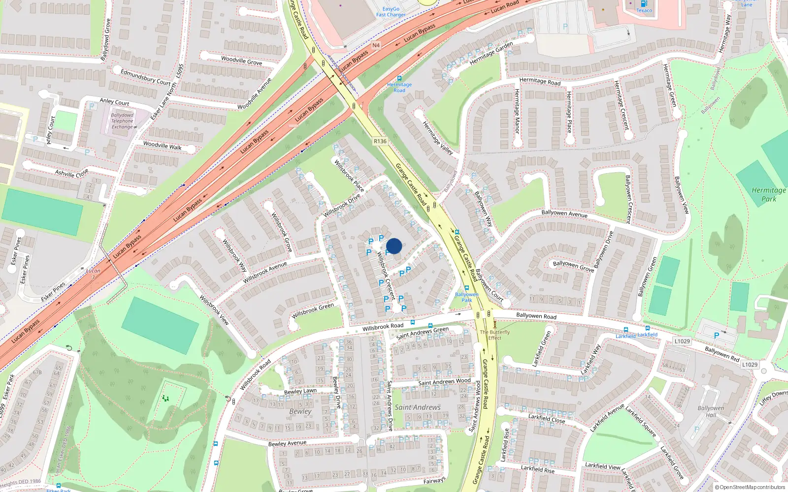 Overhead map showing the location of 34 Willsbrook Crescent, Lucan