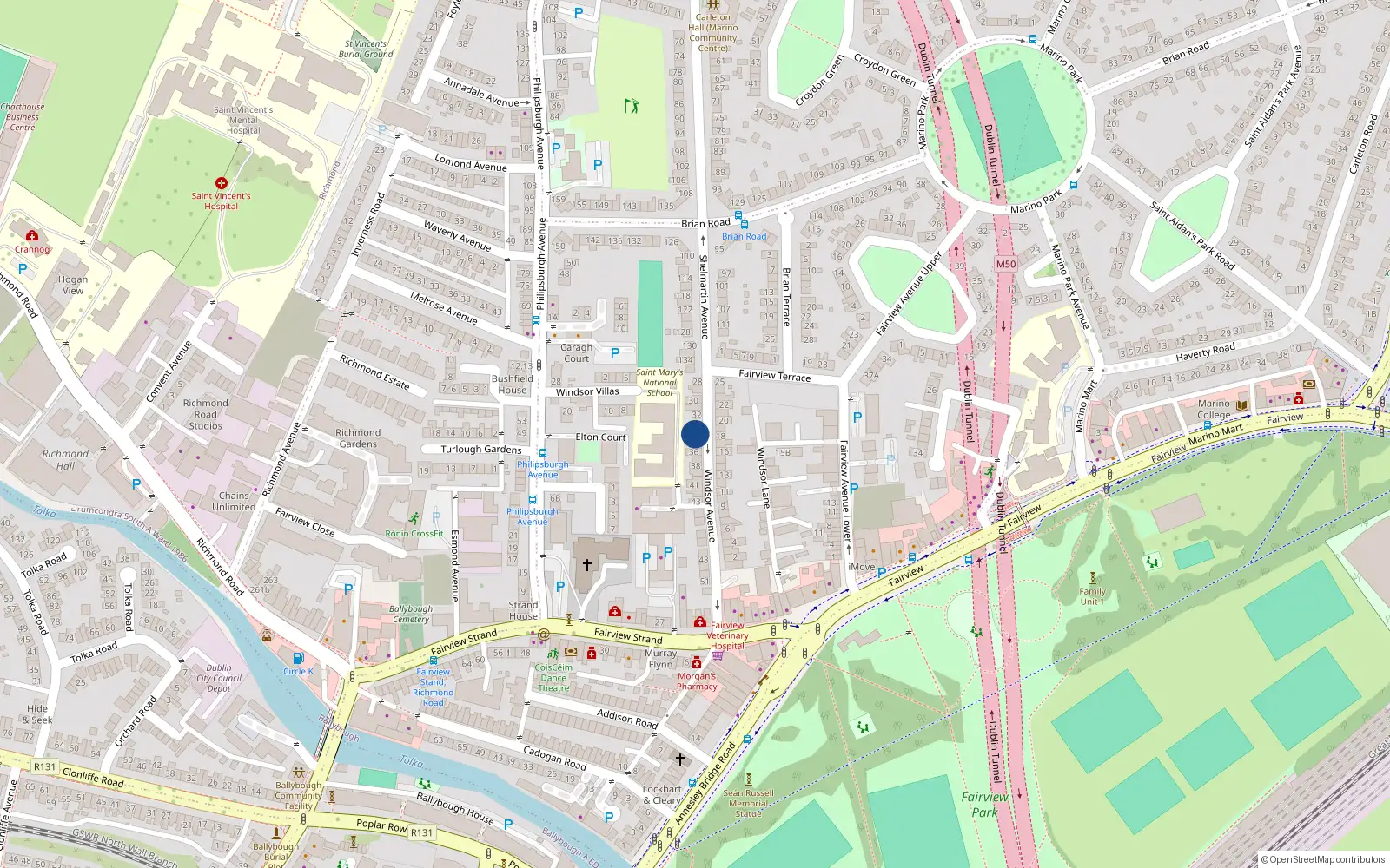 Overhead map showing the location of 34 Windsor Avenue, Fairview, Dublin 3