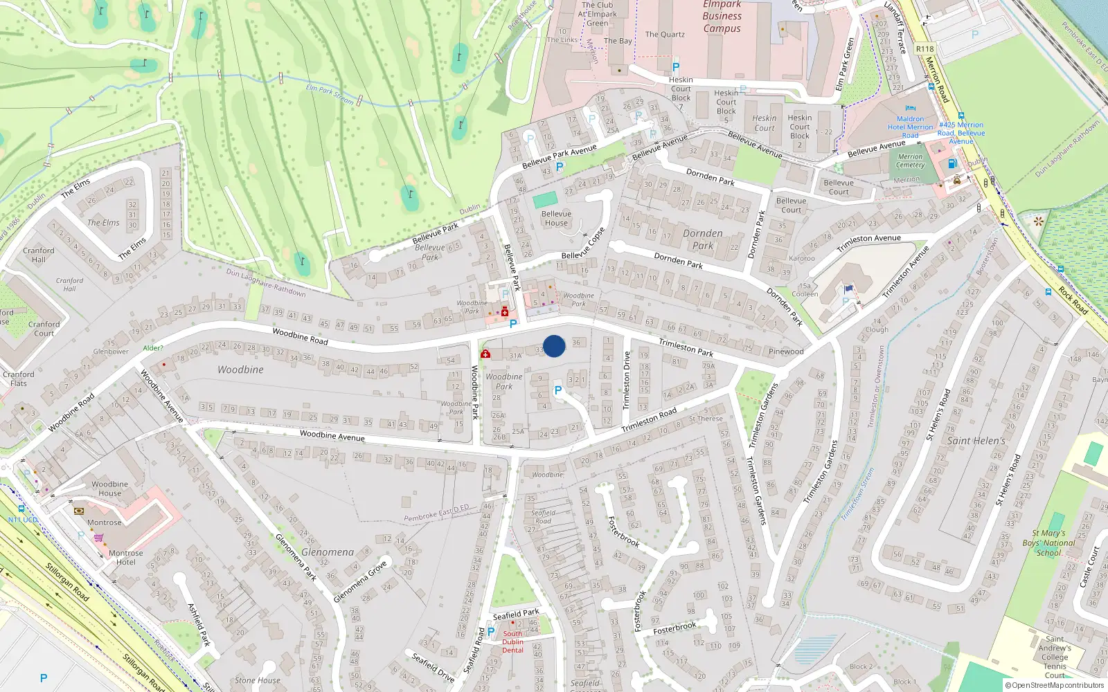 Overhead map showing the location of 34 Woodbine Park, Blackrock, Dublin