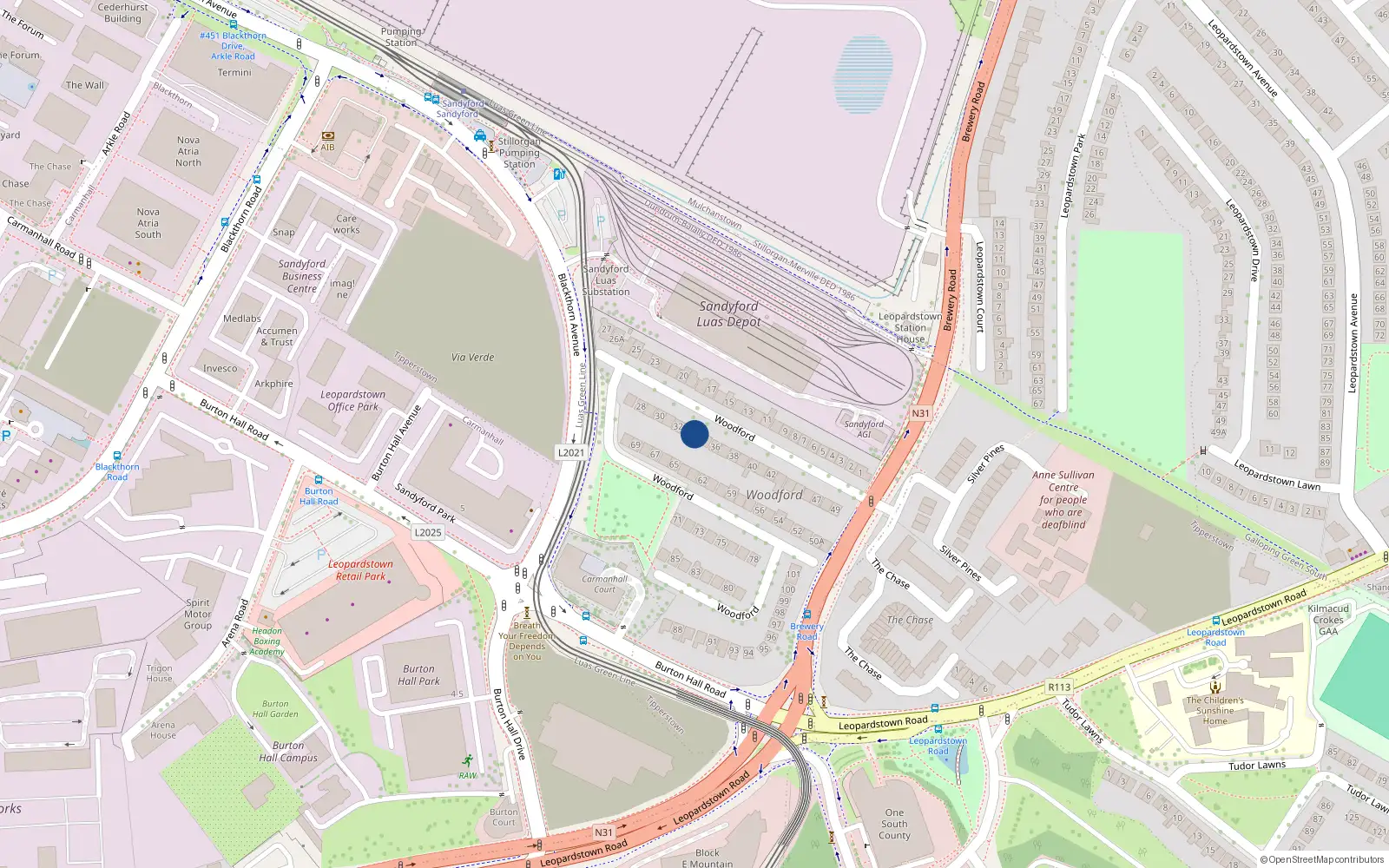 Overhead map showing the location of 34 Woodford, Brewery Road, Leopardstown