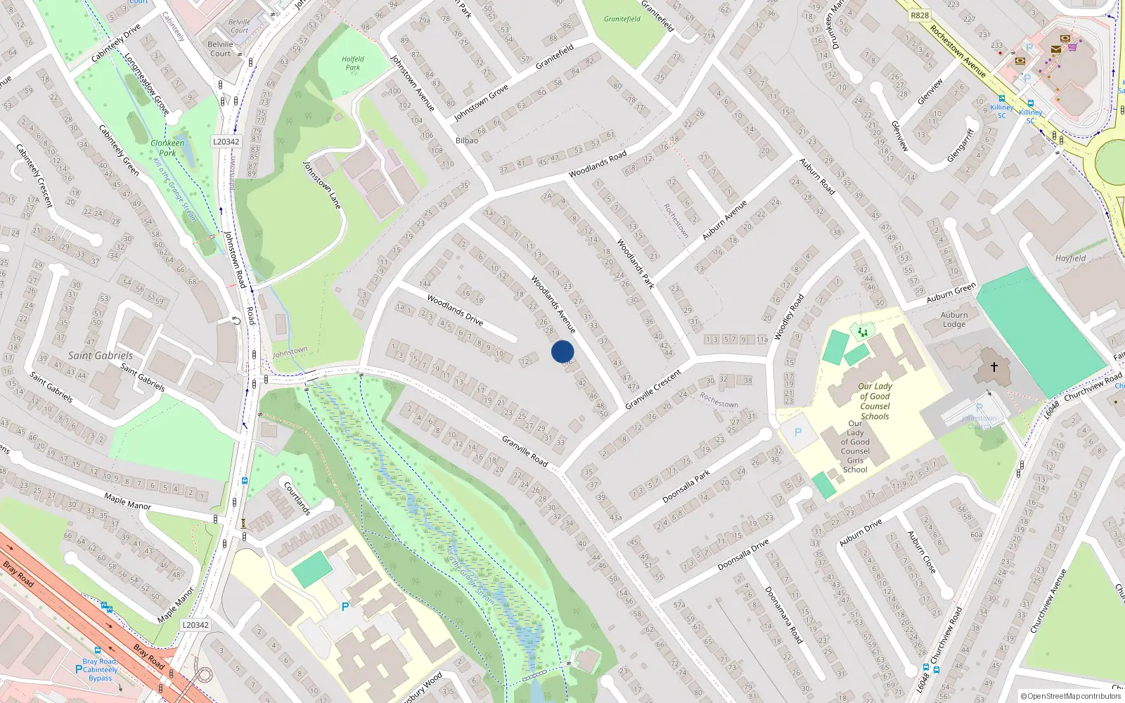 Overhead map showing the location of 34 Woodlands Avenue, Dublin