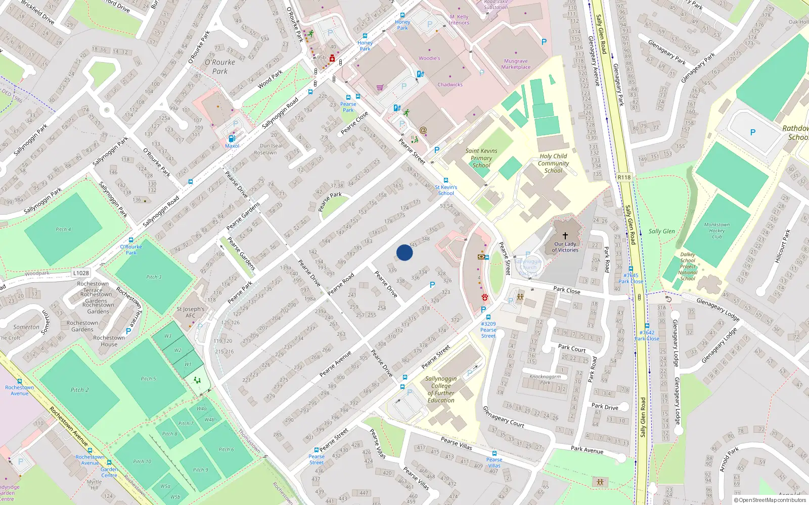 Overhead map showing the location of 343 Pearse Road, Sallynoggin, Dublin