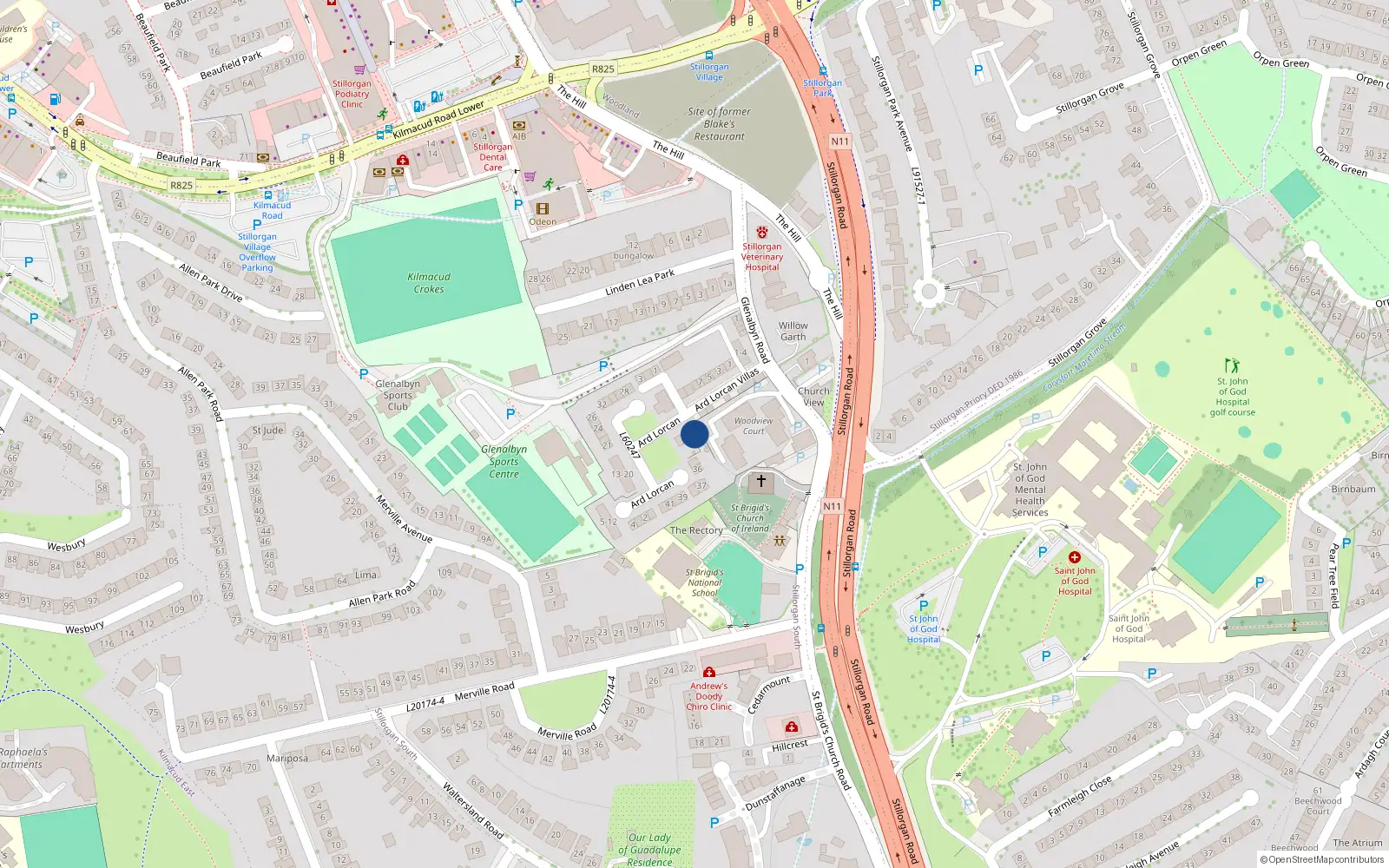 Overhead map showing the location of 34A Árd Lorcain, Dublin