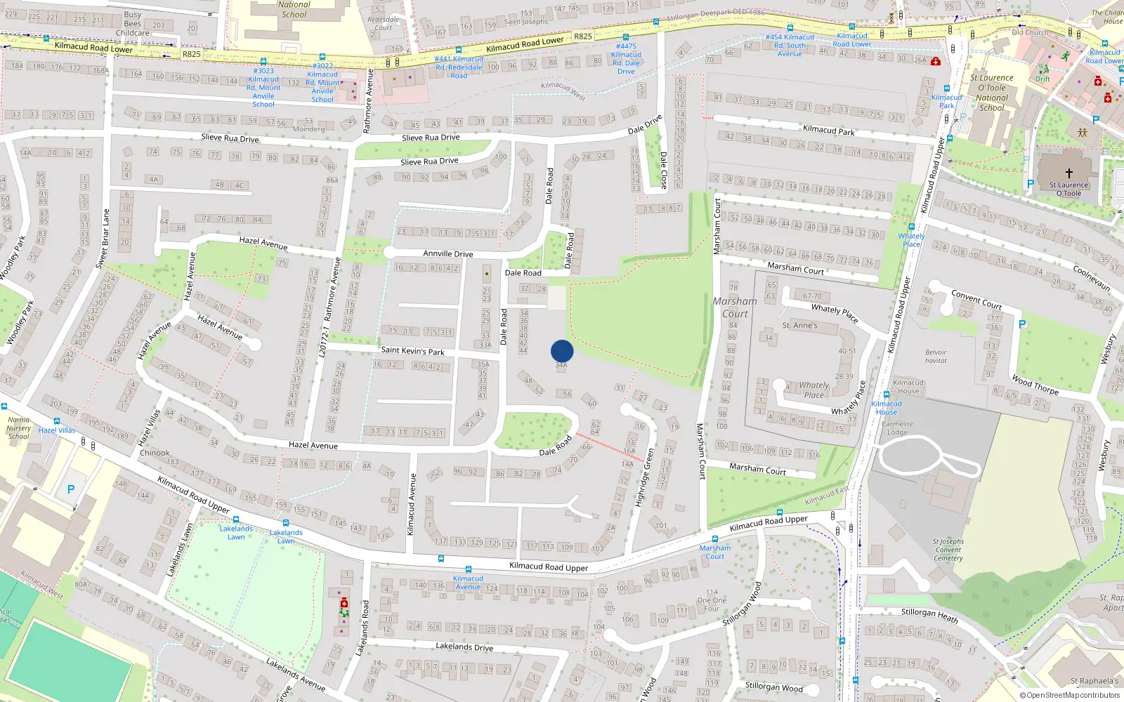 Overhead map showing the location of 34A Dale Road, Stillorgan, Dublin