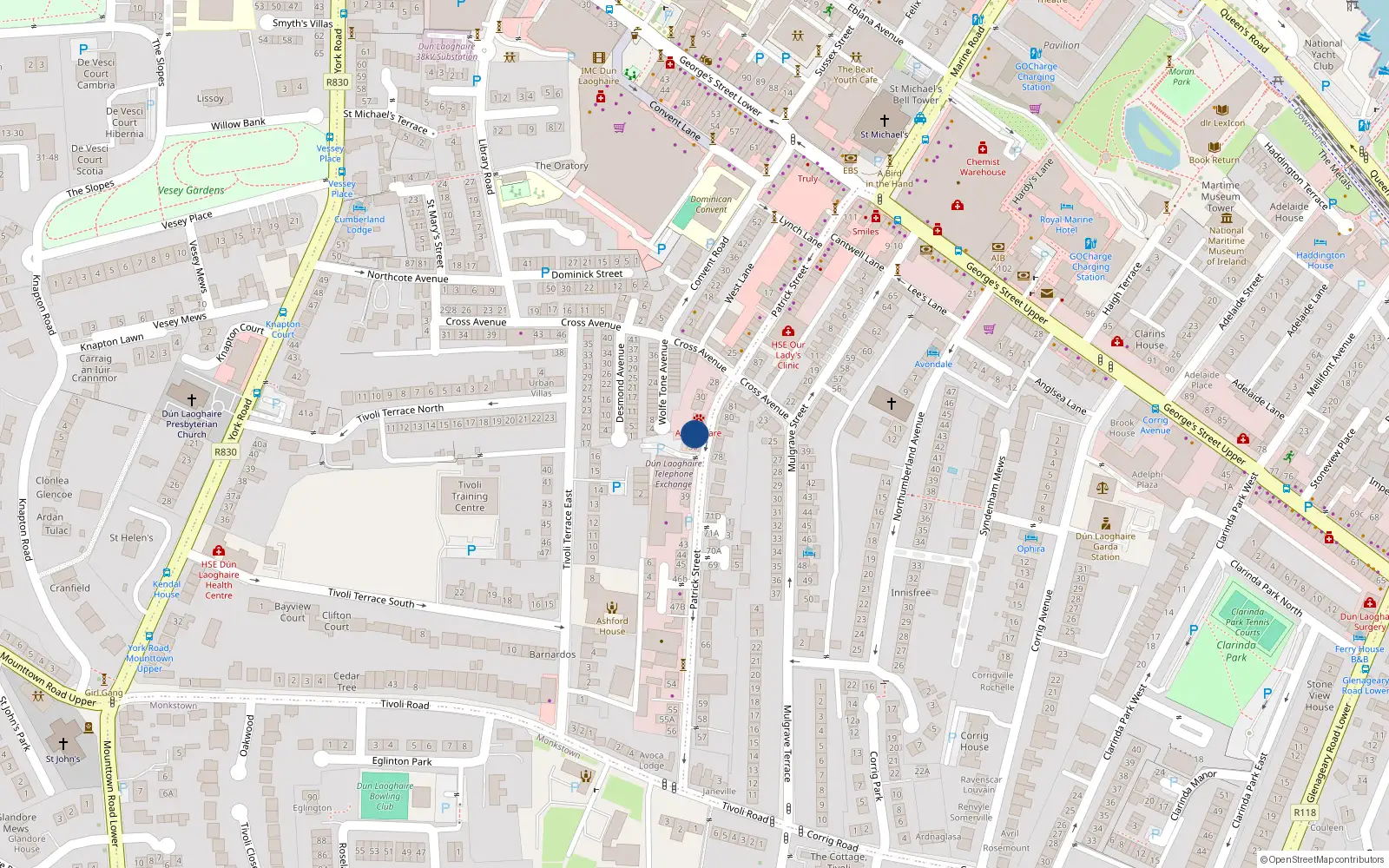 Overhead map showing the location of 34A Patrick St, Dun Laoghaire, Dublin