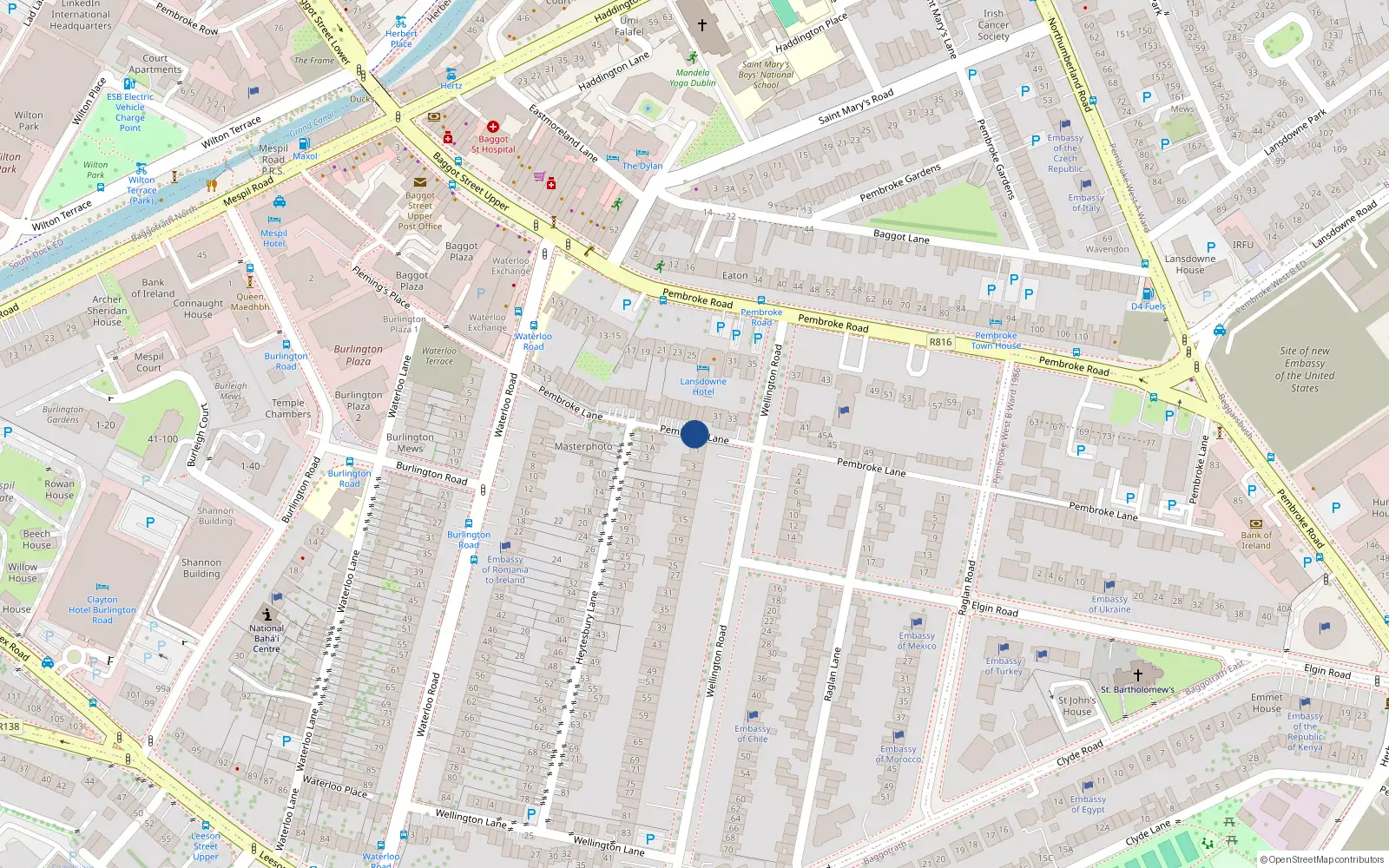 Overhead map showing the location of 34A Pembroke Lane, Dublin 4