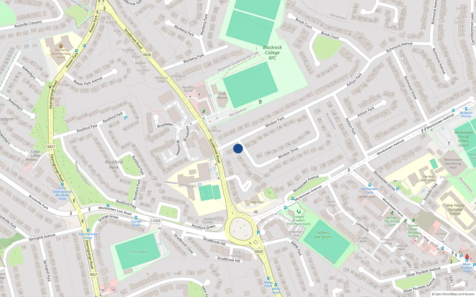 Overhead map showing the location of 34B Windsor Park, Monkstown, Blackrock