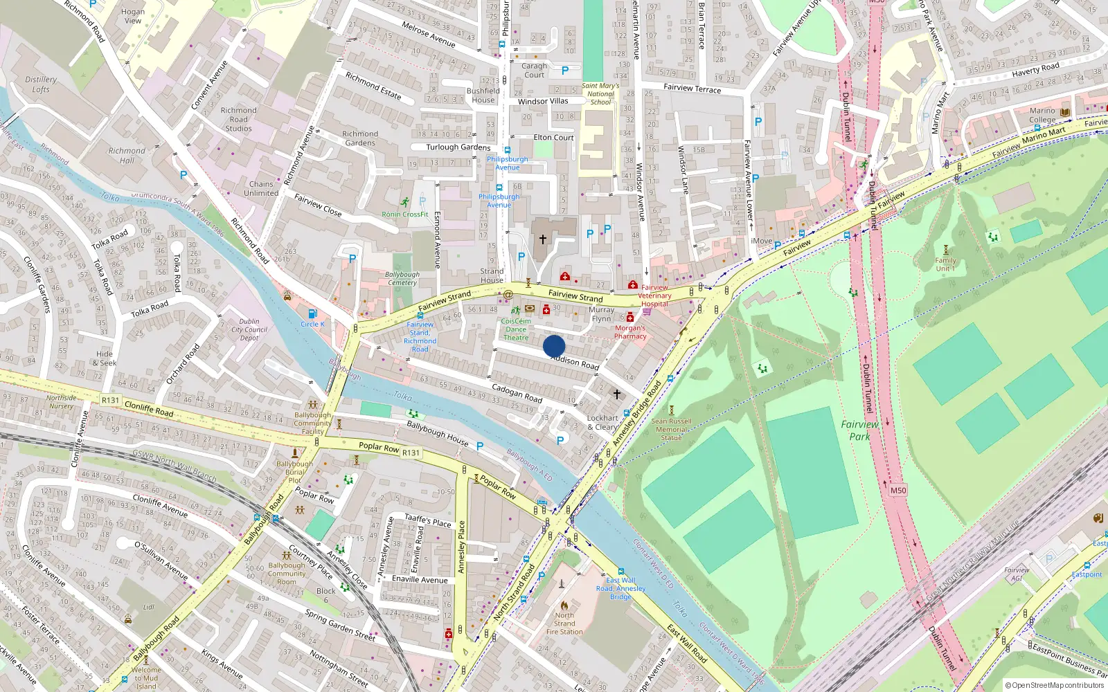 Overhead map showing the location of 35 Addison Road, Fairview, Dublin 3