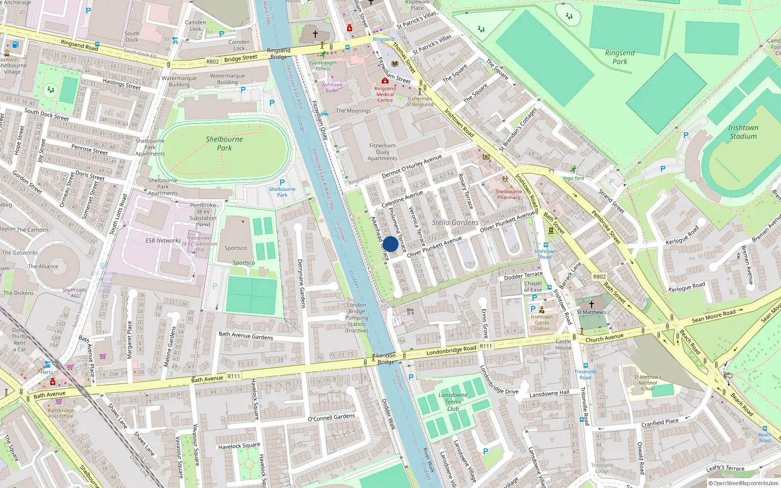 Overhead map showing the location of 35 Aikenhead Terrace, Ringsend