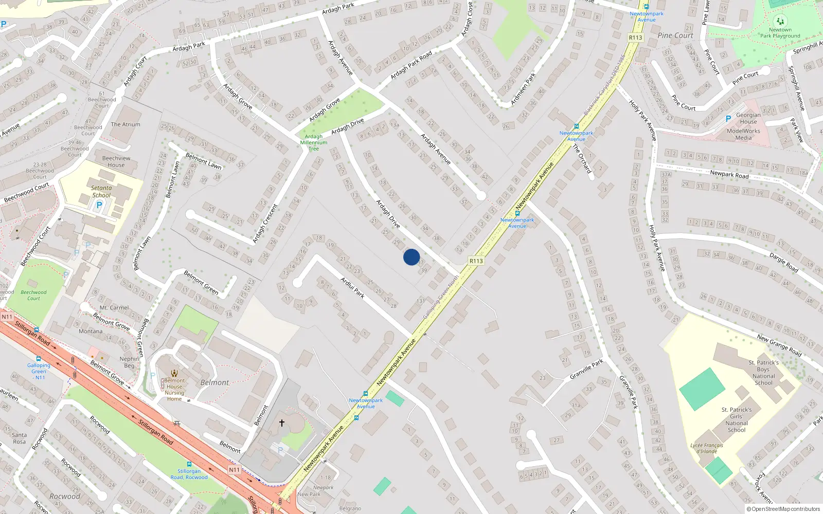 Overhead map showing the location of 35 Ardagh Drive, Newtownpark Avenue, Blackrock