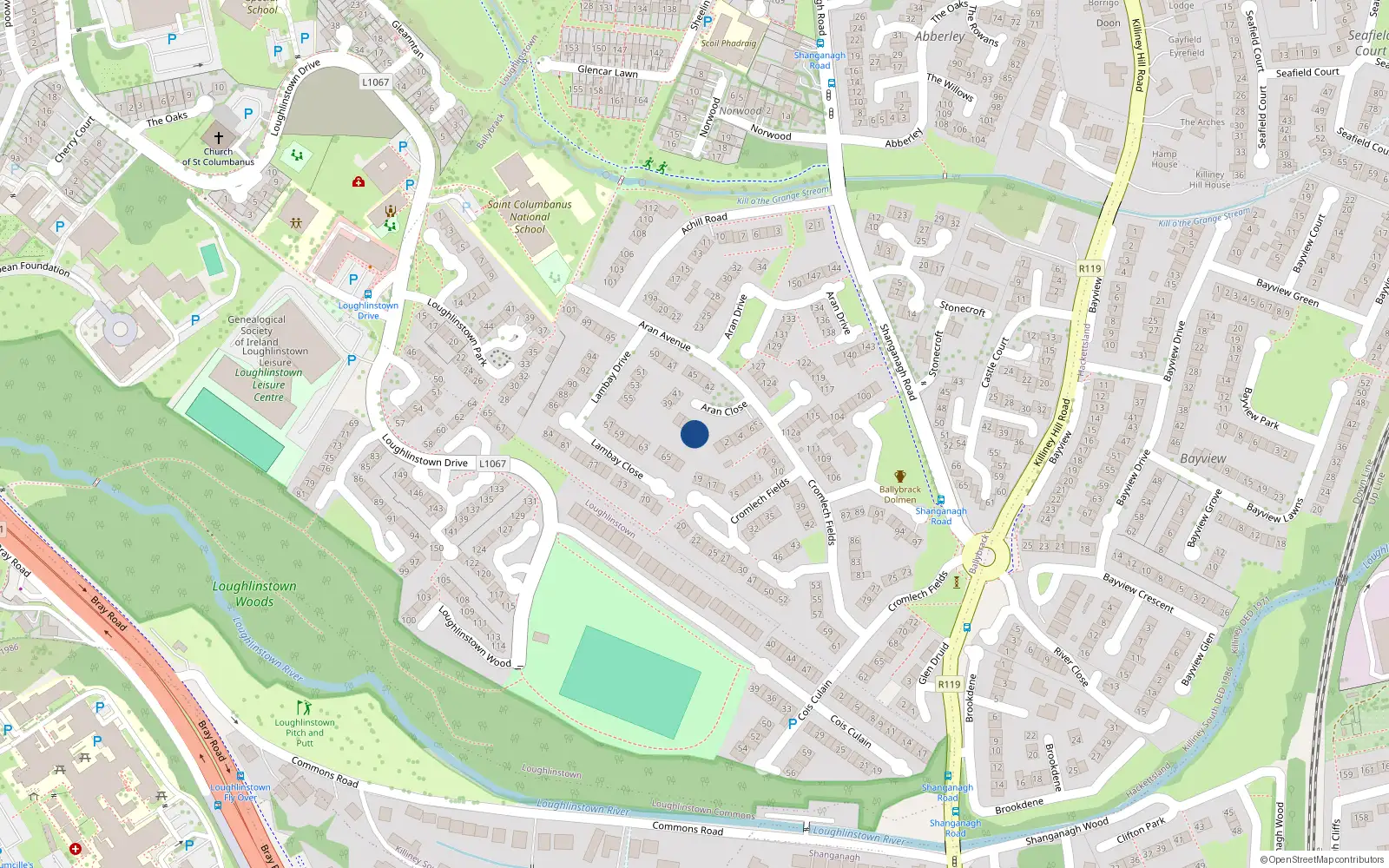 Overhead map showing the location of 35 Arran Close, Ballybrack, Dublin
