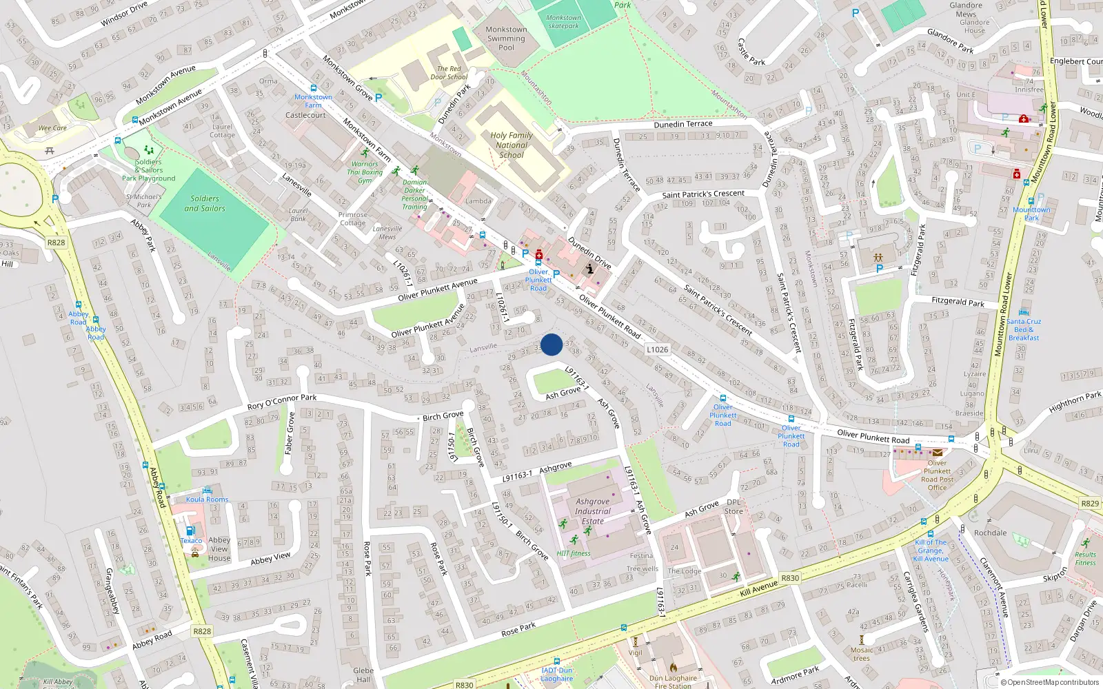 Overhead map showing the location of 35 Ash Grove, Kill Avenue, Dun Laoghaire