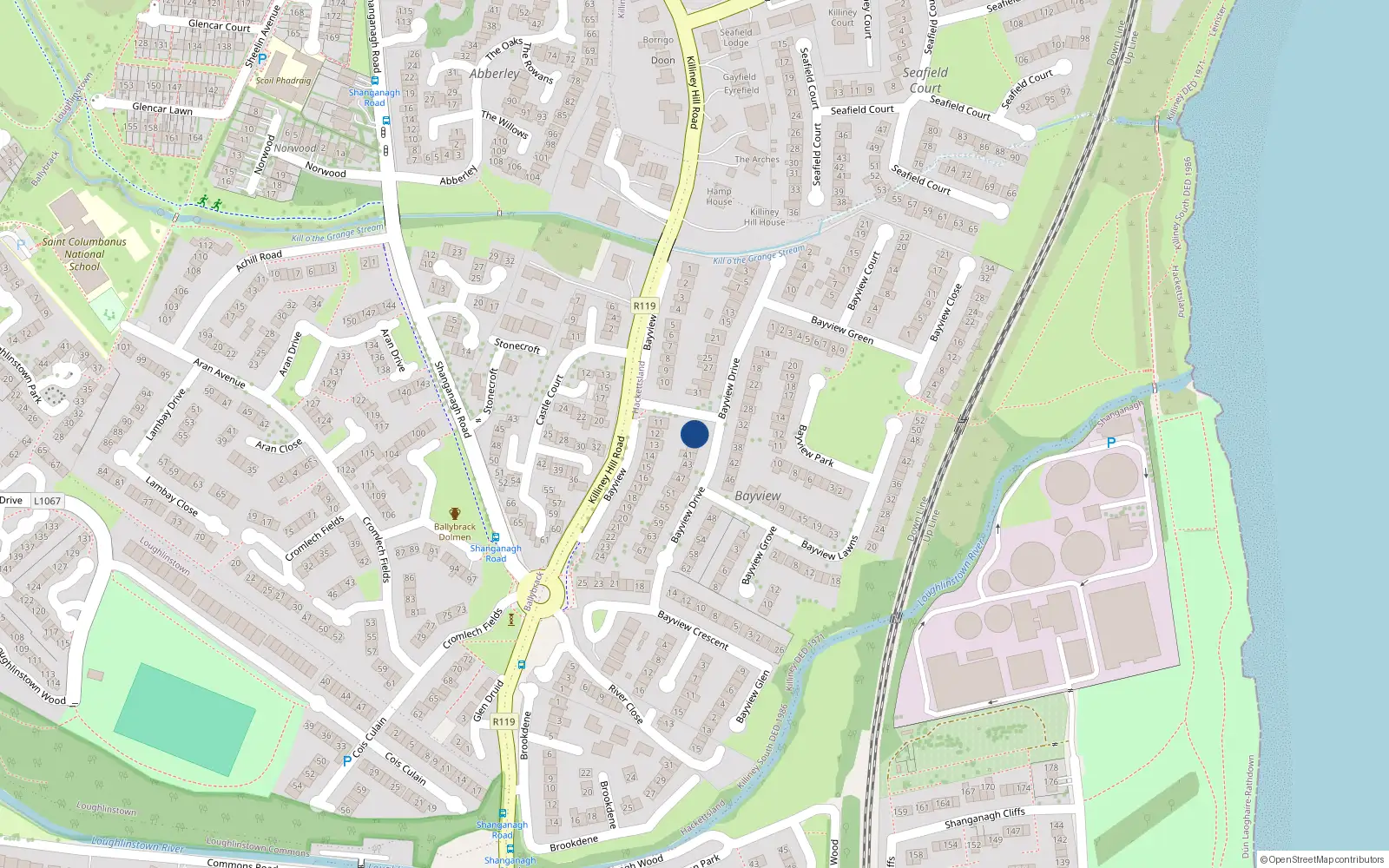 Overhead map showing the location of 35 Bayview Drive, Killiney