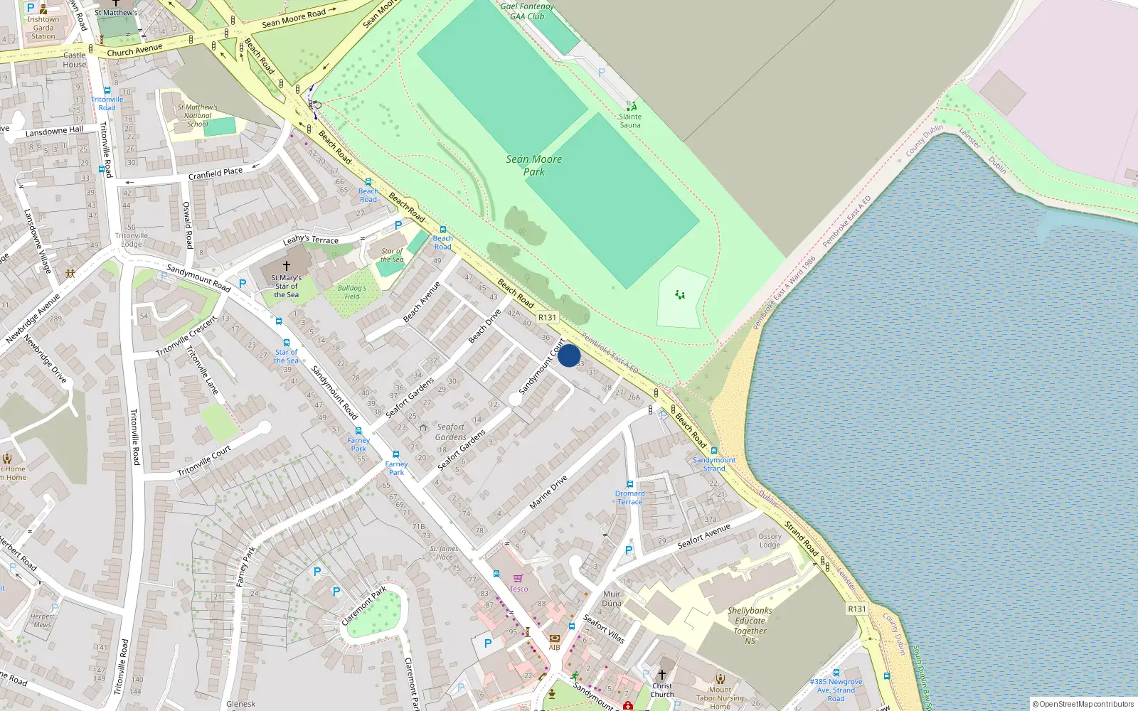Overhead map showing the location of 35 Beach Road, Sandymount