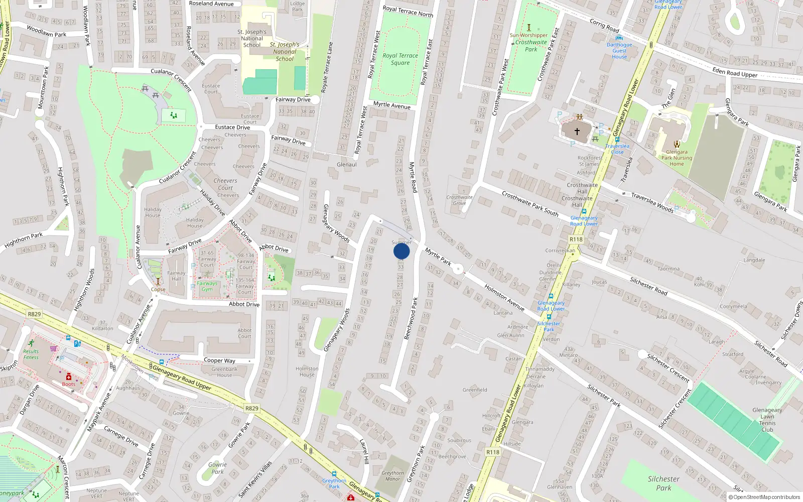 Overhead map showing the location of 35 Beechwood Park, Dublin