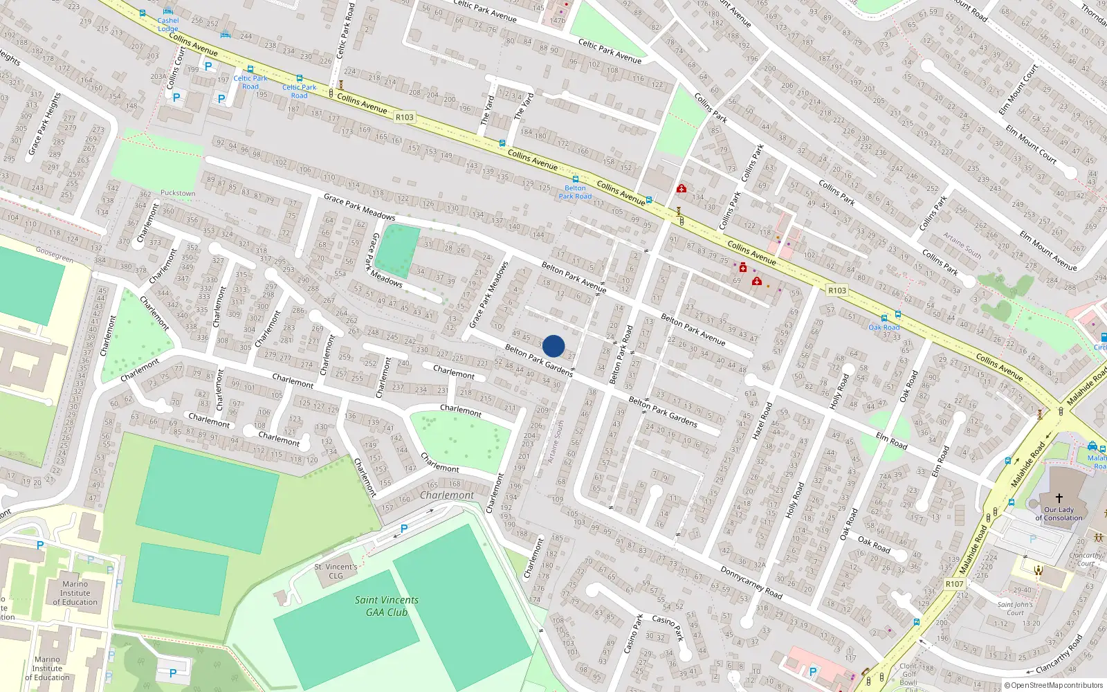 Overhead map showing the location of 35 Belton Park Gardens, Dublin 9