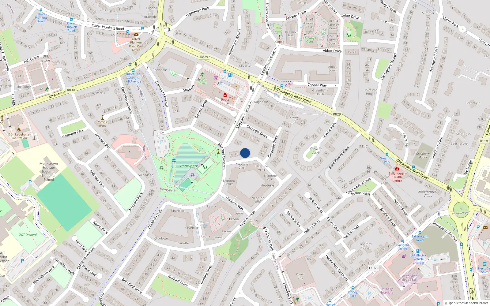Overhead map showing the location of 35 Boyd Avenue, Dun Laoghaire